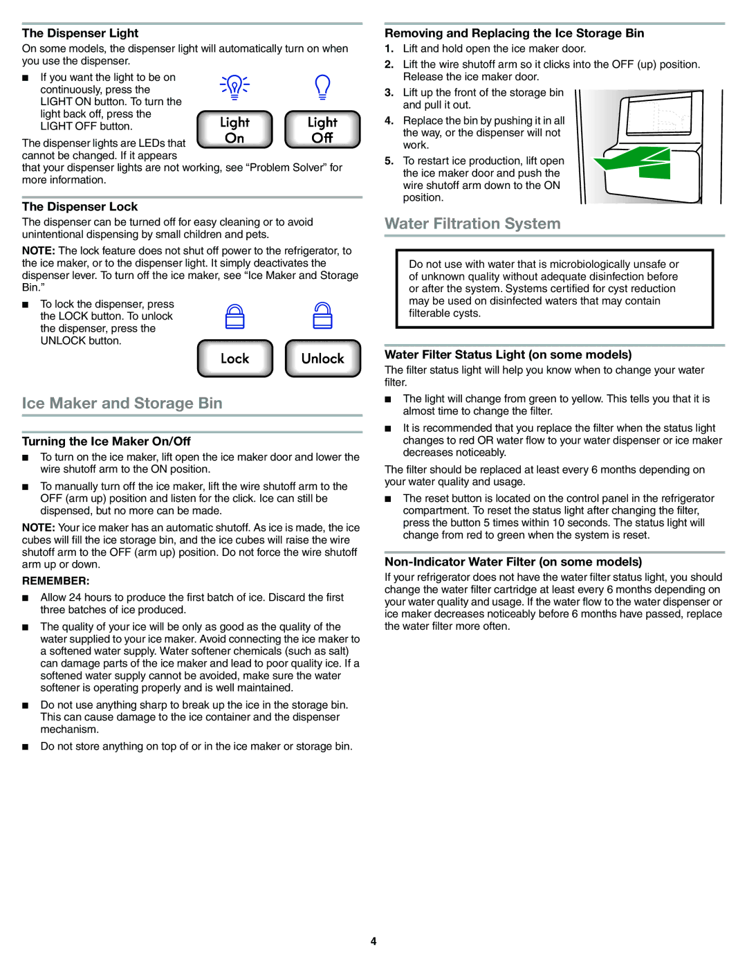 Whirlpool ED5FVGXWS, W10407342A1 important safety instructions Ice Maker and Storage Bin, Water Filtration System 