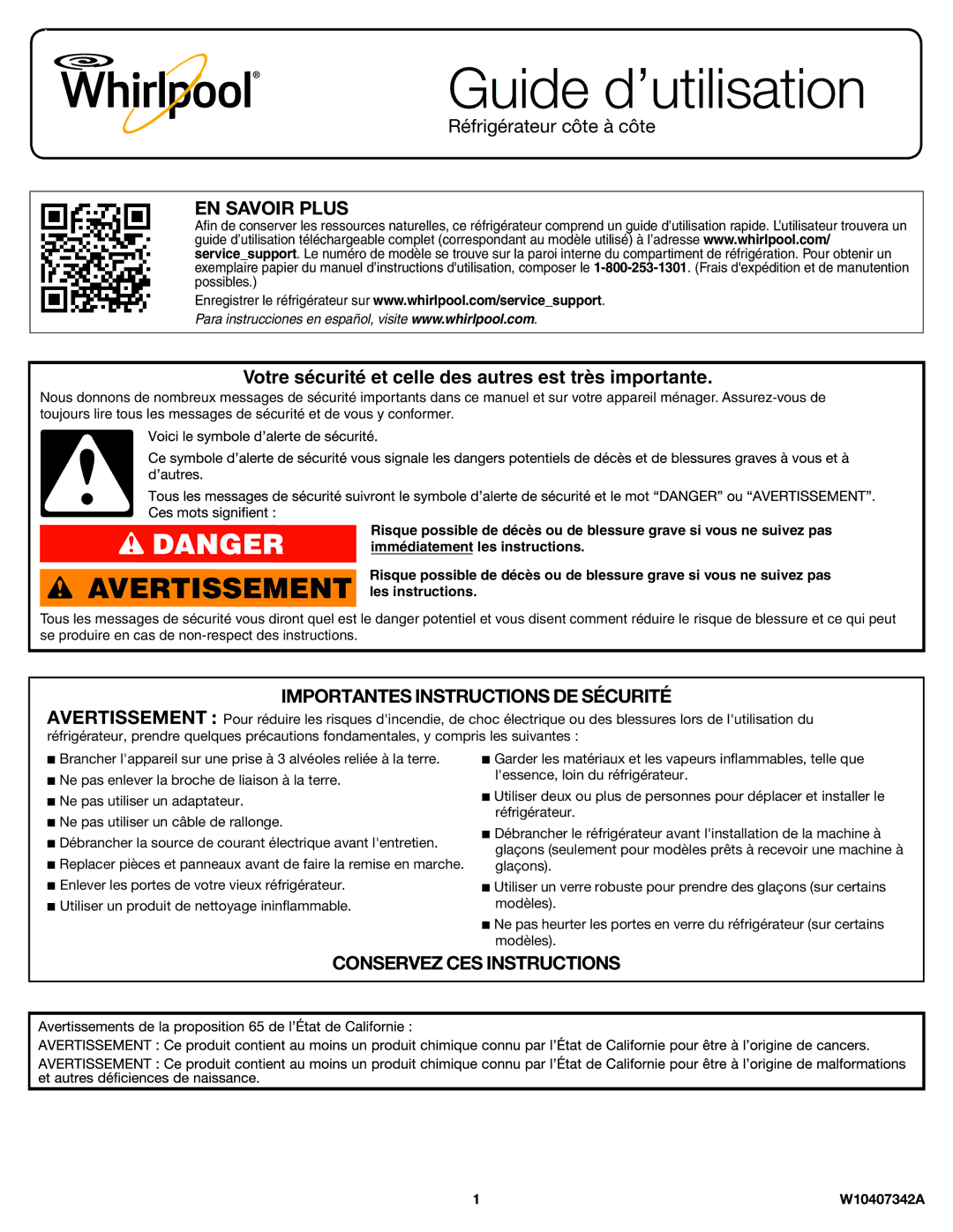 Whirlpool W10407342A1, ED5FVGXWS important safety instructions Guide d’utilisation 