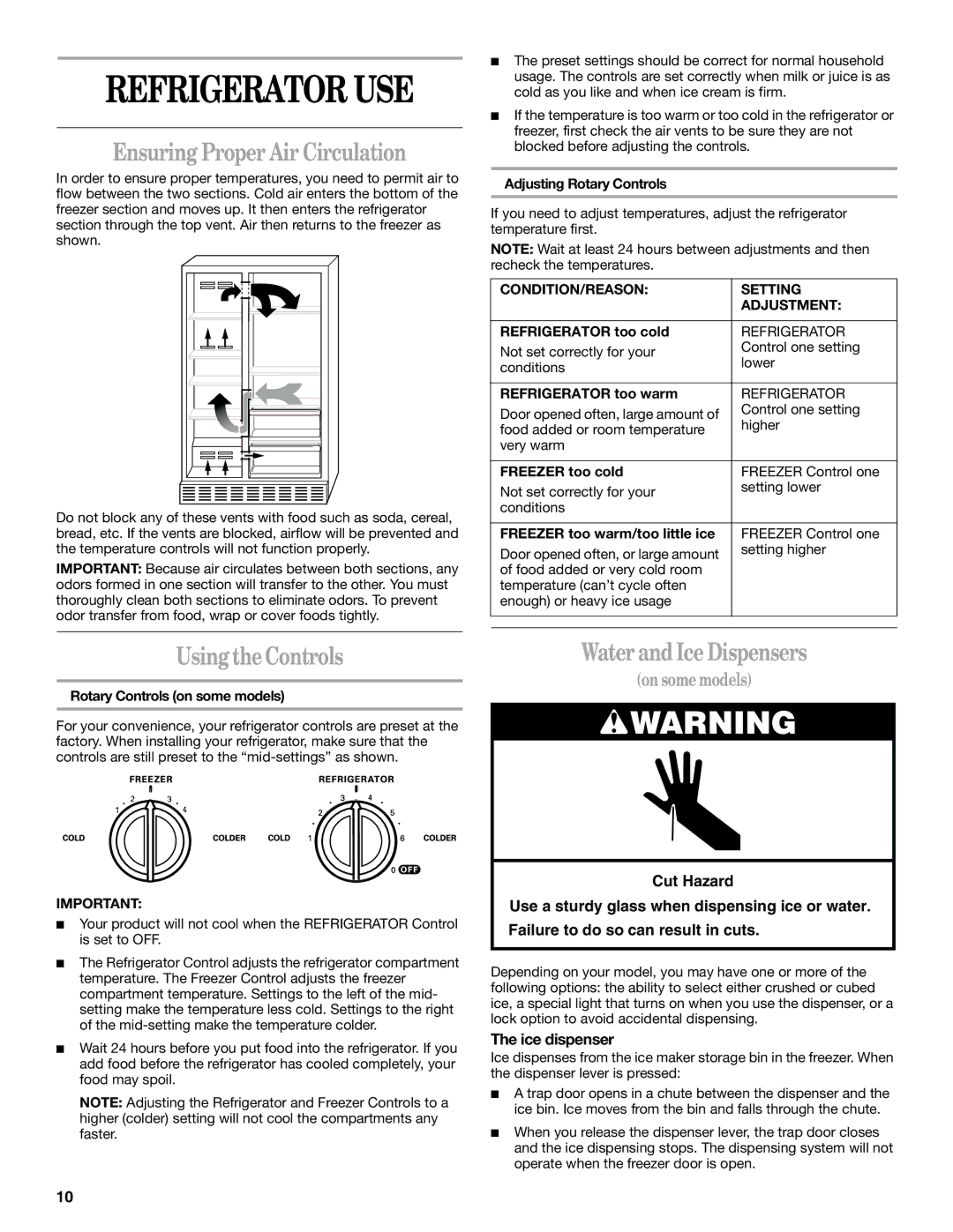 Whirlpool ET1FTTXKQ00 Refrigerator USE, Ensuring Proper Air Circulation, Using the Controls, Water and Ice Dispensers 