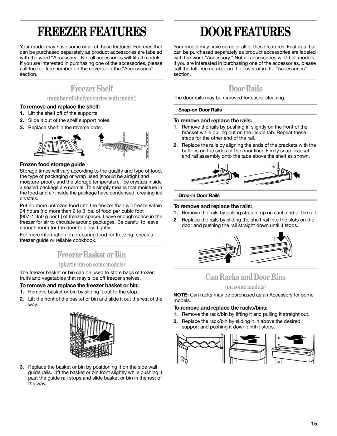 Whirlpool ET1FTTXKT02 manual Freezer Features, Freezer Shelf, Freezer Basket or Bin, Door Rails, Can Racks and Door Bins 