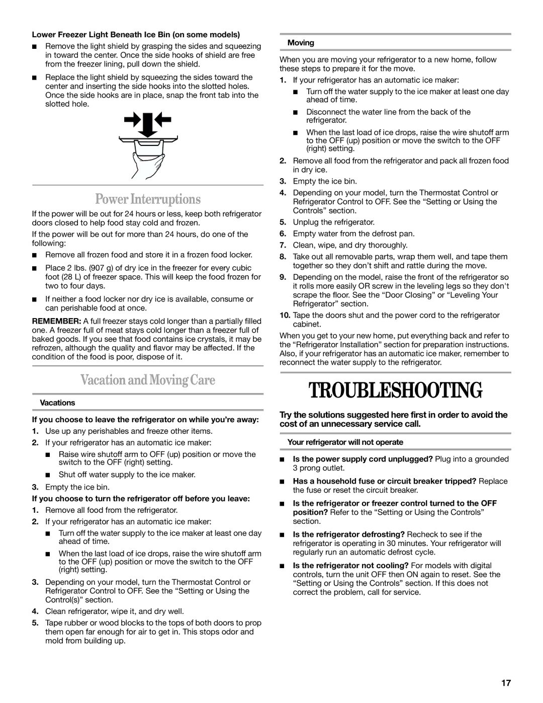 Whirlpool ET2AHTXLT01, ED5GTFXKQ00, ED5GTFXKT00, ED5GTFXKQ02 Troubleshooting, Power Interruptions, Vacation and Moving Care 