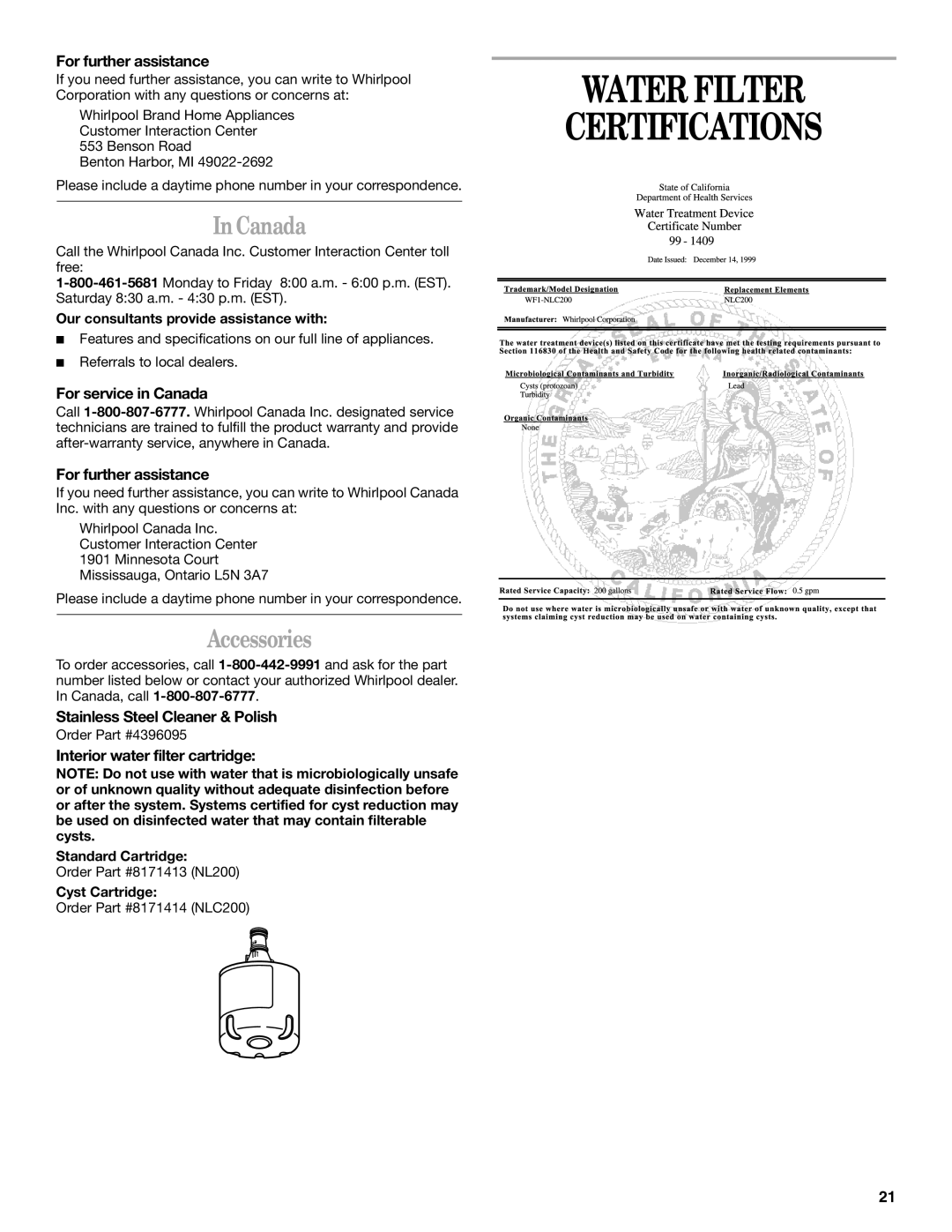 Whirlpool ET9AHTXLQ01, ED5GTFXKQ00, ED5GTFXKT00, ED5GTFXKQ02, ED5GTFXKQ01 Water Filter Certifications, Canada, Accessories 