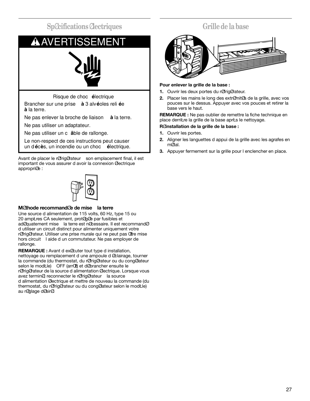 Whirlpool GT1SHTXLT00, ED5GTFXKQ00 Spécifications électriques, Grille de la base, Méthode recommandée de mise à la terre 