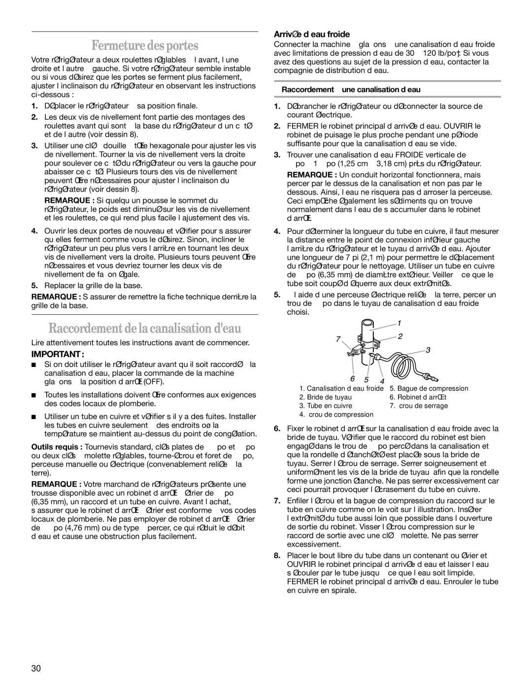 Whirlpool GT1SHTXLQ01, ED5GTFXKQ00 manual Fermeture des portes, Raccordement de la canalisation deau, Arrivée d’eau froide 