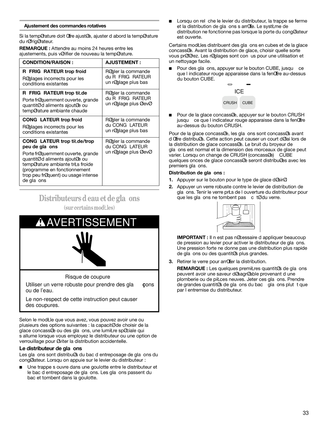 Whirlpool KTRC19ELBT01, ED5GTFXKQ00, ED5GTFXKT00, ED5GTFXKQ02 Distributeurs d’eau et de glaçons, Le distributeur de glaçons 