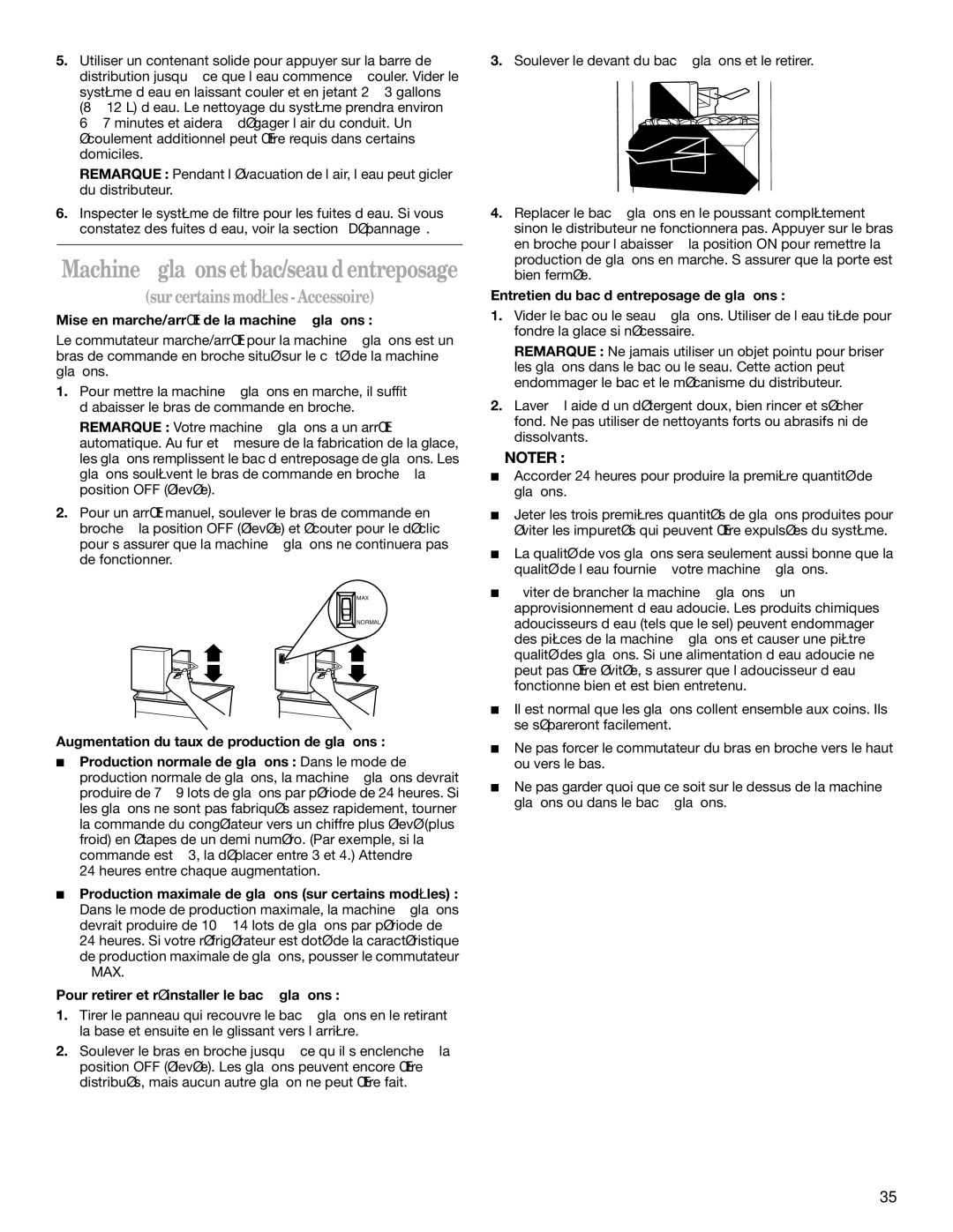 Whirlpool KTRC22EKSS01, ED5GTFXKQ00 manual Sur certains modèles Accessoire, Mise en marche/arrêt de la machine à glaçons 