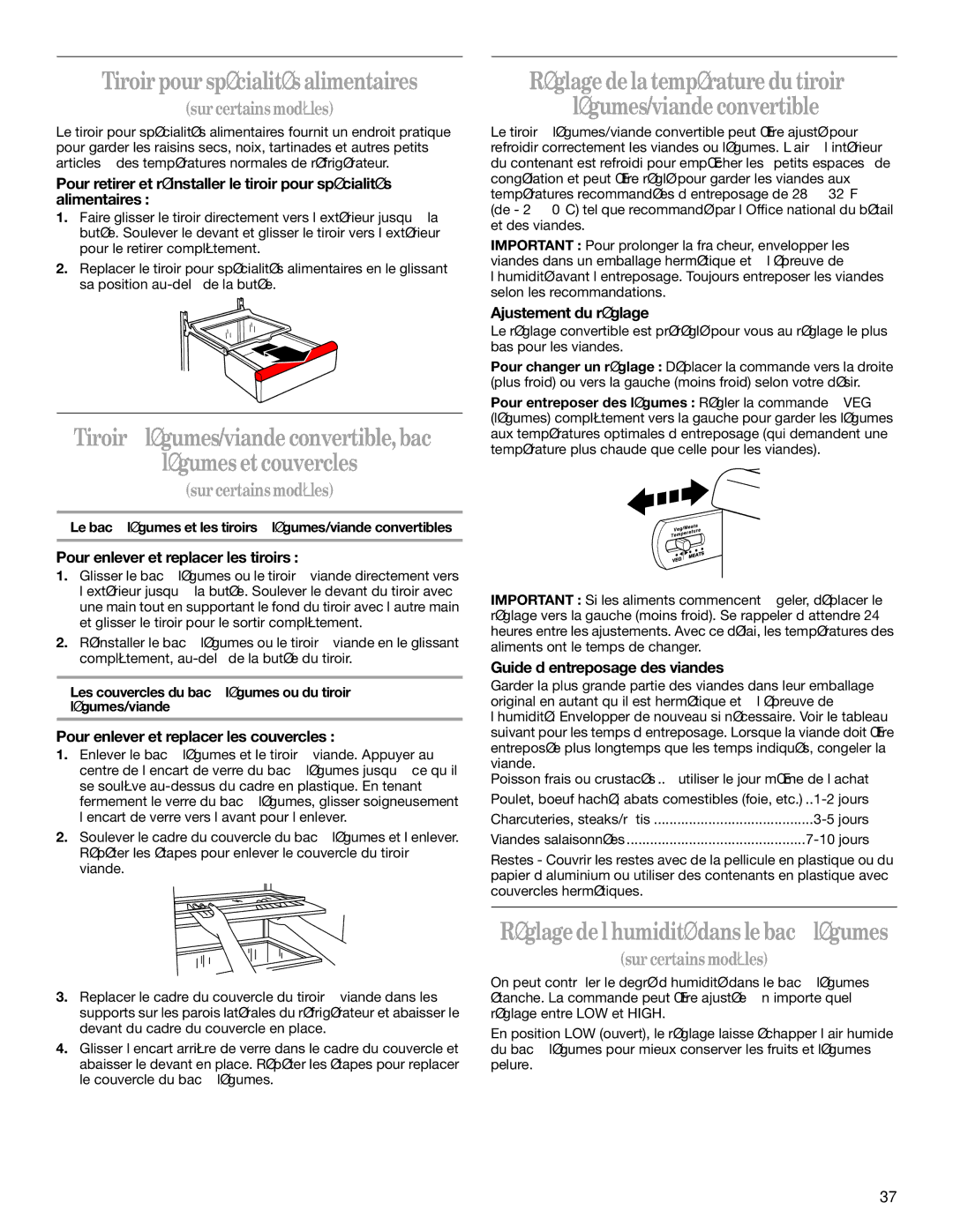 Whirlpool KTRC19ELSS01, ED5GTFXKQ00, ED5GTFXKT00, ED5GTFXKQ02 Tiroir pour spécialités alimentaires, Légumes et couvercles 