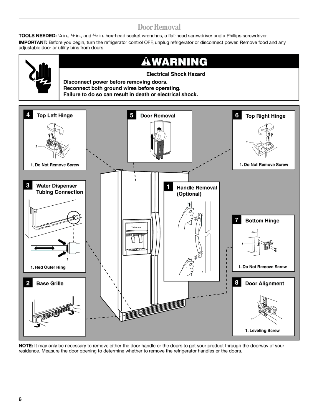 Whirlpool ET1FTTXKQ01, ED5GTFXKQ00, ED5GTFXKT00, ED5GTFXKQ02, ED5GTFXKQ01 manual Door Removal, Base Grille Door Alignment 