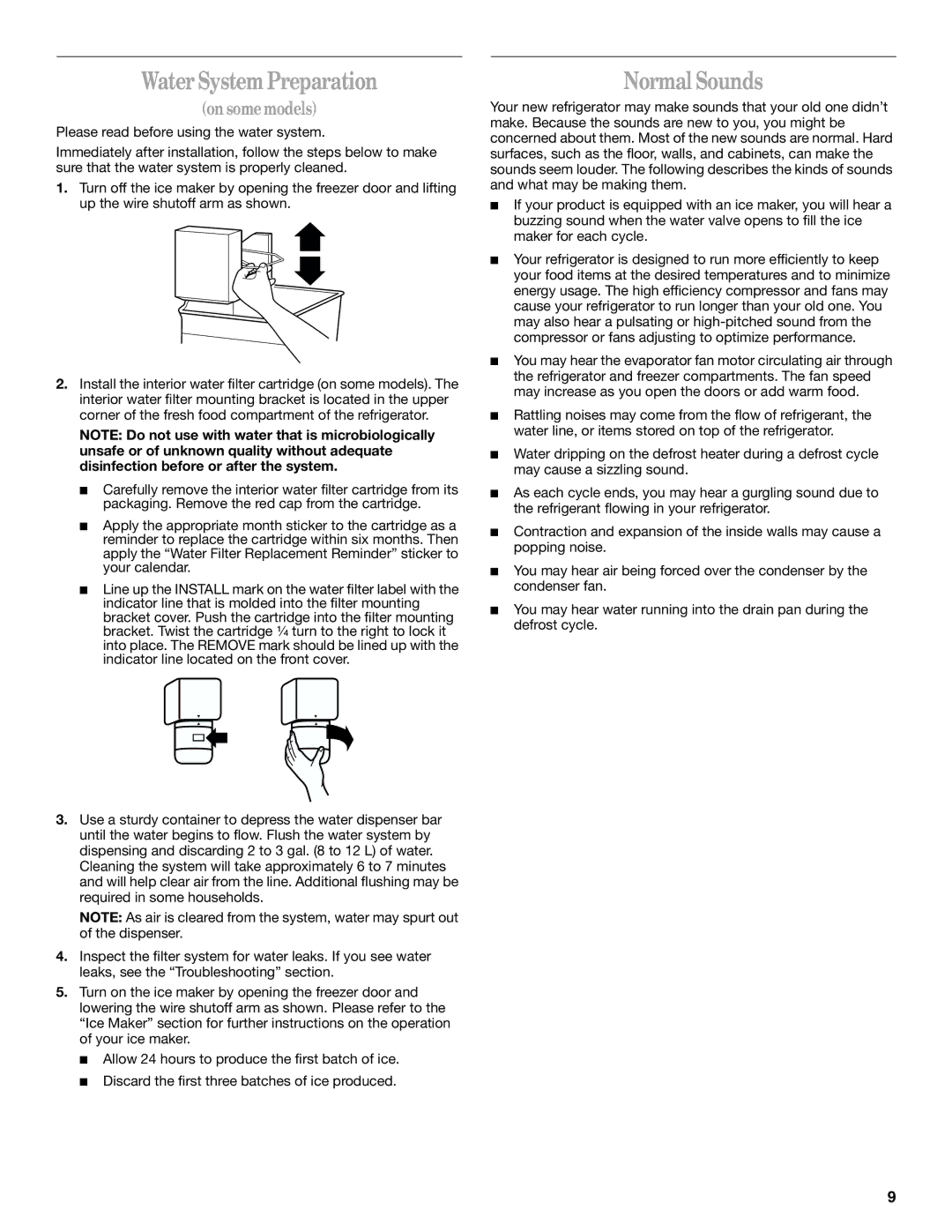 Whirlpool ET1FTTXKB01, ED5GTFXKQ00, ED5GTFXKT00, ED5GTFXKQ02 manual Water System Preparation, Normal Sounds, On some models 