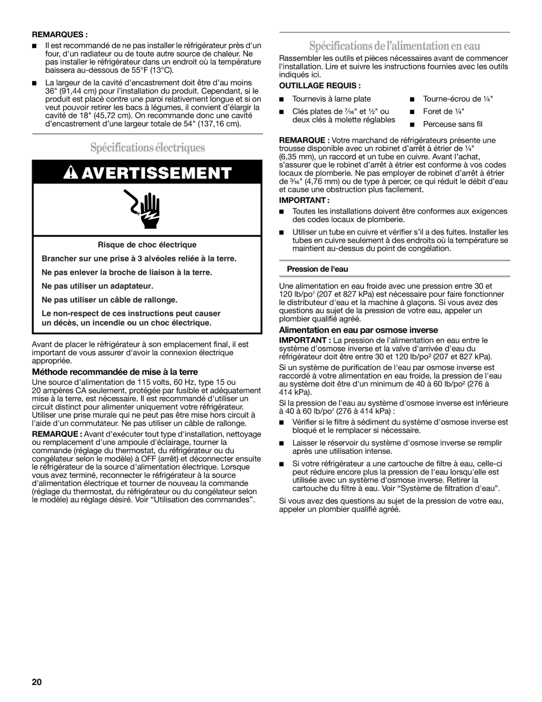 Whirlpool ED5GVEXVD02, ED5FVGXWS07, ED2VHEXVQ01, W10321466A Spécificationsélectriques, Spécifications del’alimentationen eau 