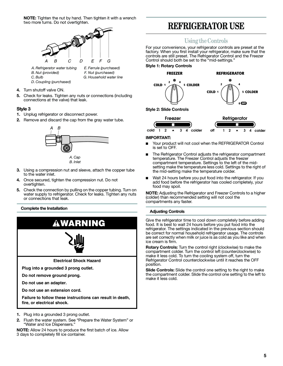 Whirlpool ED5FVGXWS07, ED5GVEXVD02 Refrigerator USE, Using theControls, Style 1 Rotary Controls Style 2 Slide Controls 