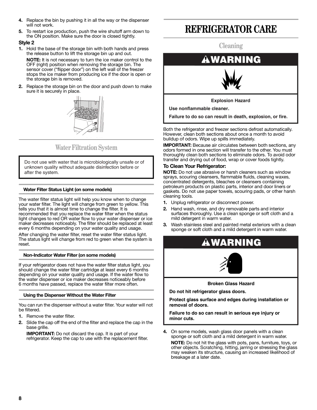 Whirlpool ED5GVEXVD02, ED5FVGXWS07 Refrigerator Care, Water Filtration System, Cleaning, To Clean Your Refrigerator 