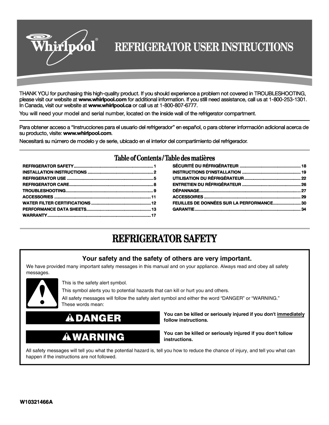 Whirlpool ED5FVGXWS07 installation instructions Refrigerator Safety, Danger, Table of Contents / Table des matières 