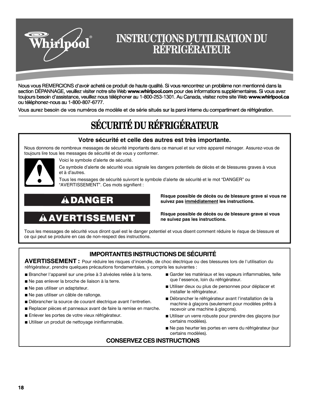 Whirlpool ED2VHEXVQ01, ED5GVEXVD02 Sécurité Du Réfrigérateur, Danger Avertissement, Importantes Instructions De Sécurité 