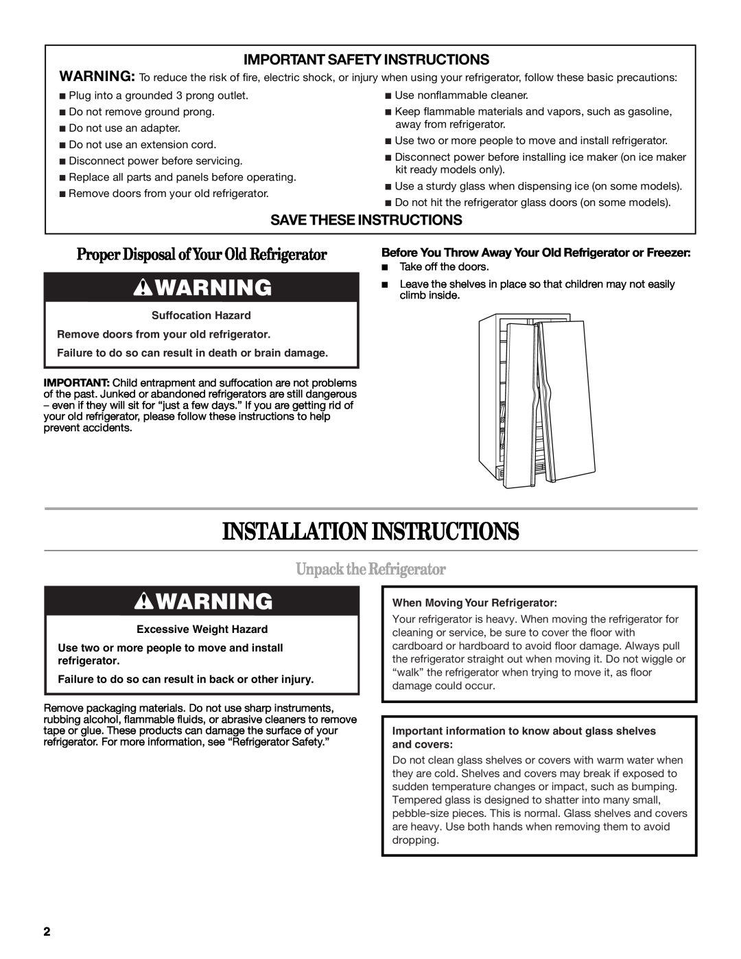 Whirlpool ED2VHEXVQ01, ED5GVEXVD02 Installation Instructions, Unpack the Refrigerator, Important Safety Instructions 