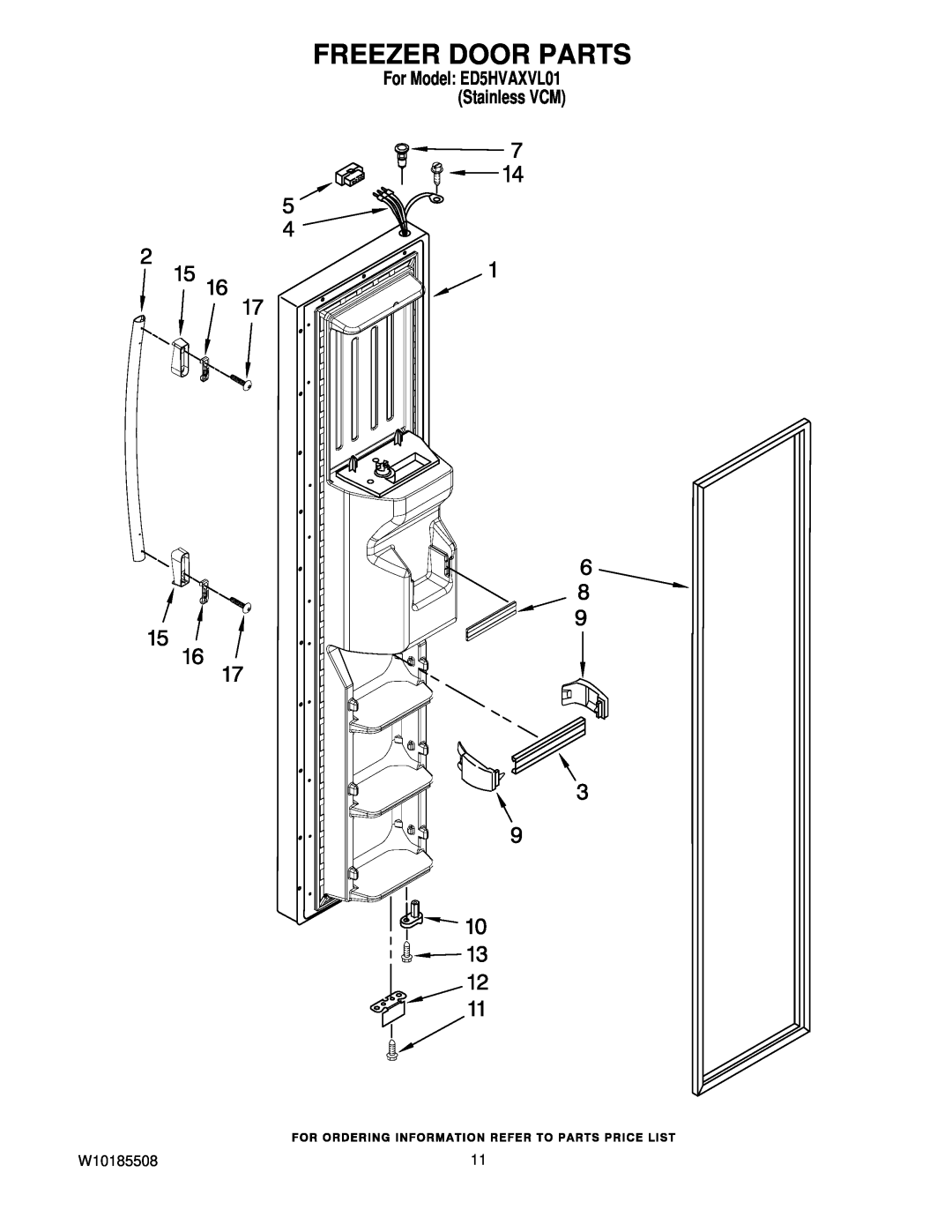 Whirlpool manual Freezer Door Parts, W10185508, For Model ED5HVAXVL01 Stainless VCM 