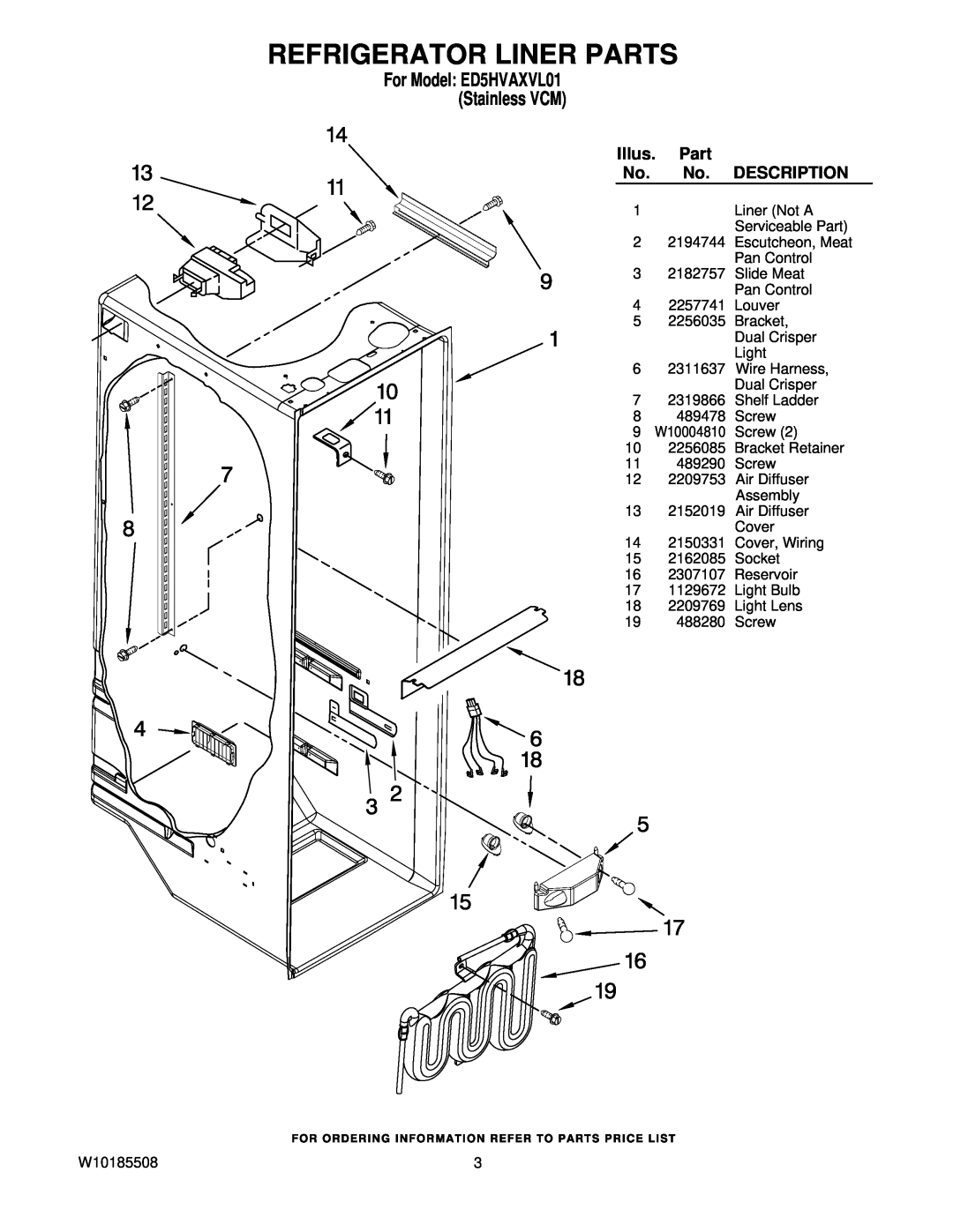 Whirlpool manual Refrigerator Liner Parts, For Model ED5HVAXVL01 Stainless VCM, Illus, Description 