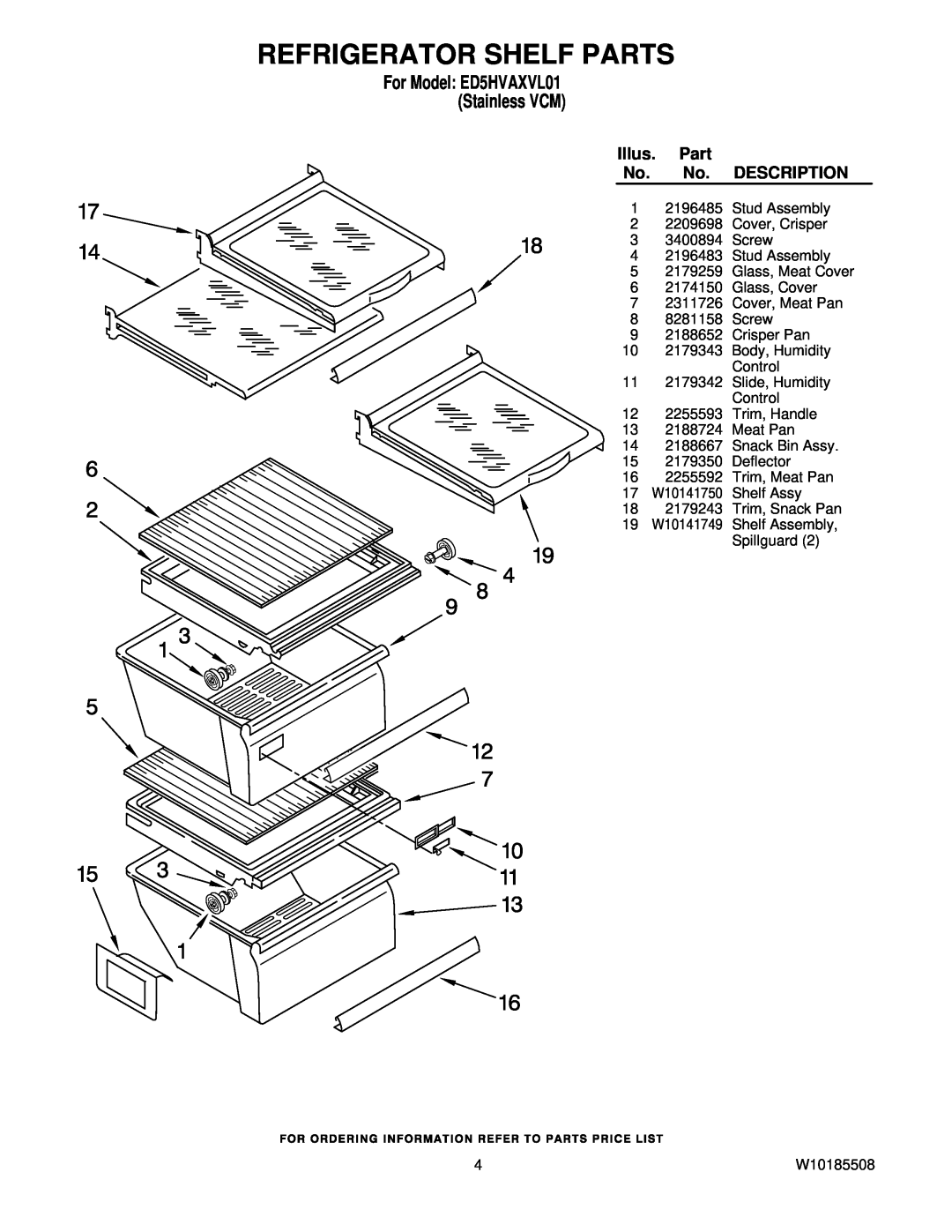 Whirlpool manual Refrigerator Shelf Parts, Illus. Part, For Model ED5HVAXVL01 Stainless VCM, Description 