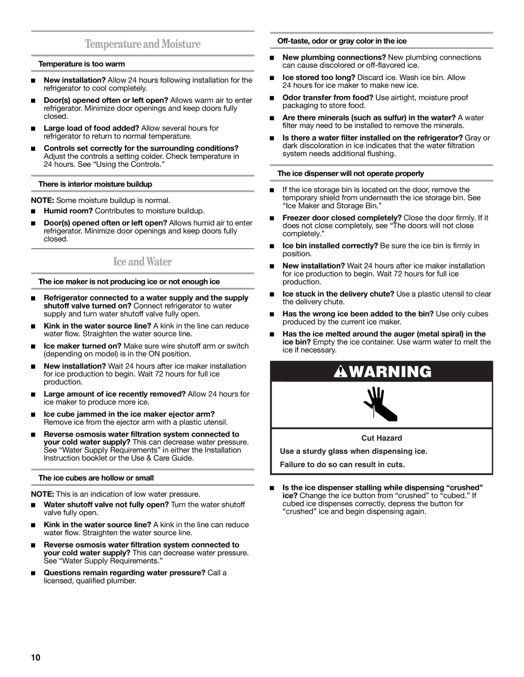 Whirlpool ED5LVAXV warranty TemperatureandMoisture, IceandWater, Temperature is too warm 