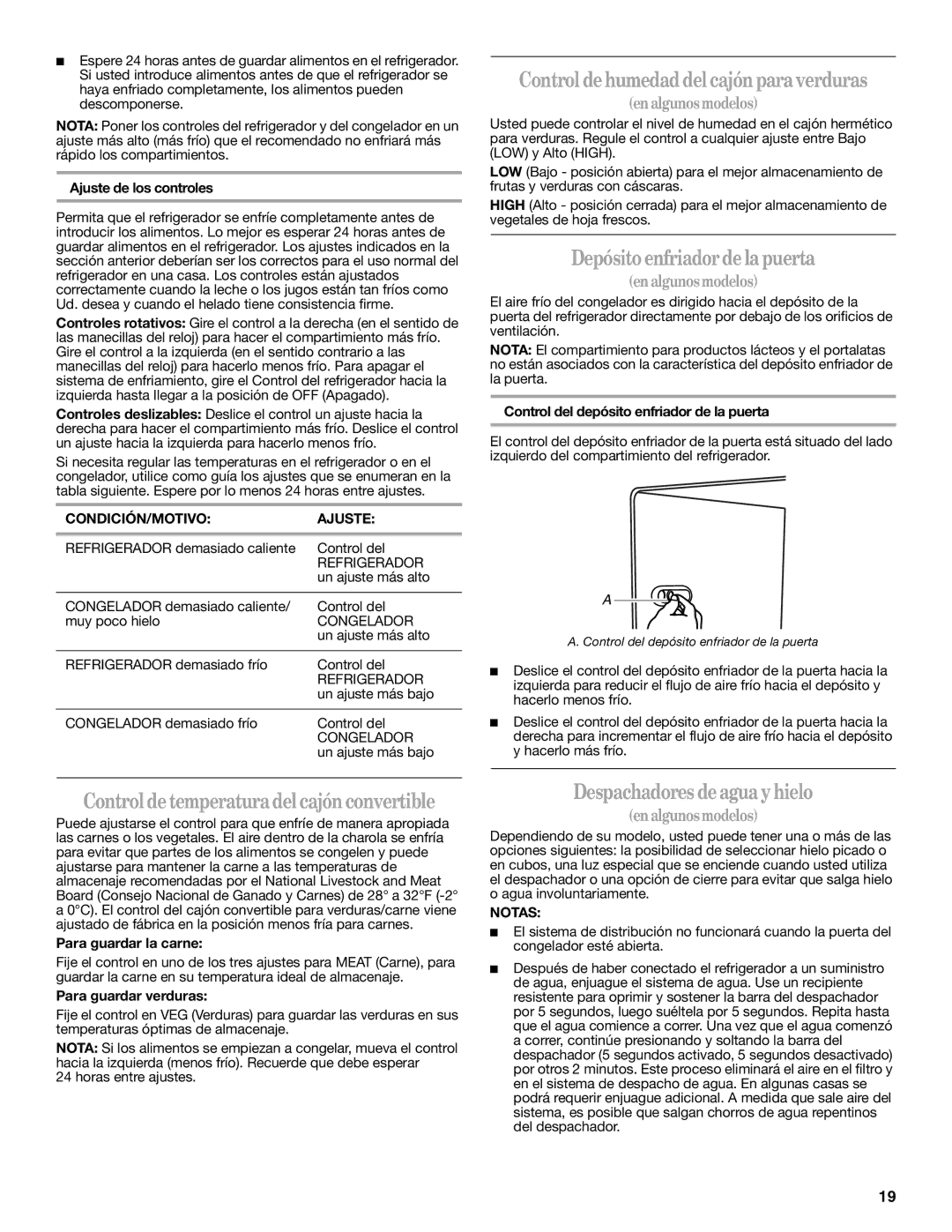 Whirlpool ED5LVAXV warranty Controldehumedaddelcajónparaverduras, Depósitoenfriadordelapuerta, Despachadoresdeaguayhielo 