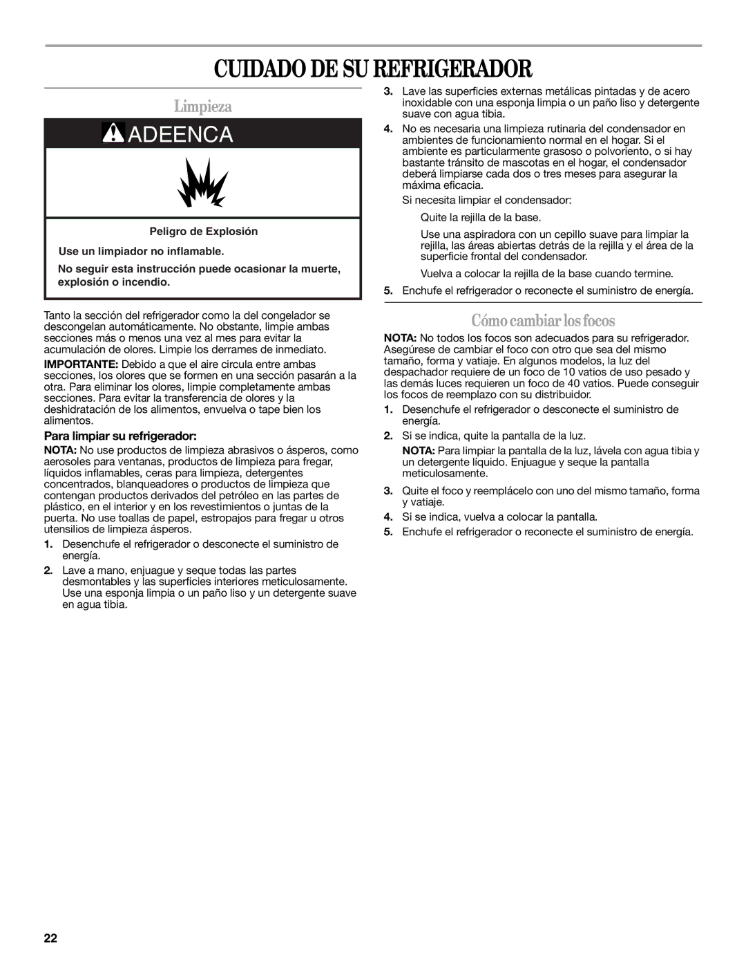 Whirlpool ED5LVAXV warranty Cuidado DE SU Refrigerador, Limpieza, Cómocambiarlosfocos, Para limpiar su refrigerador 