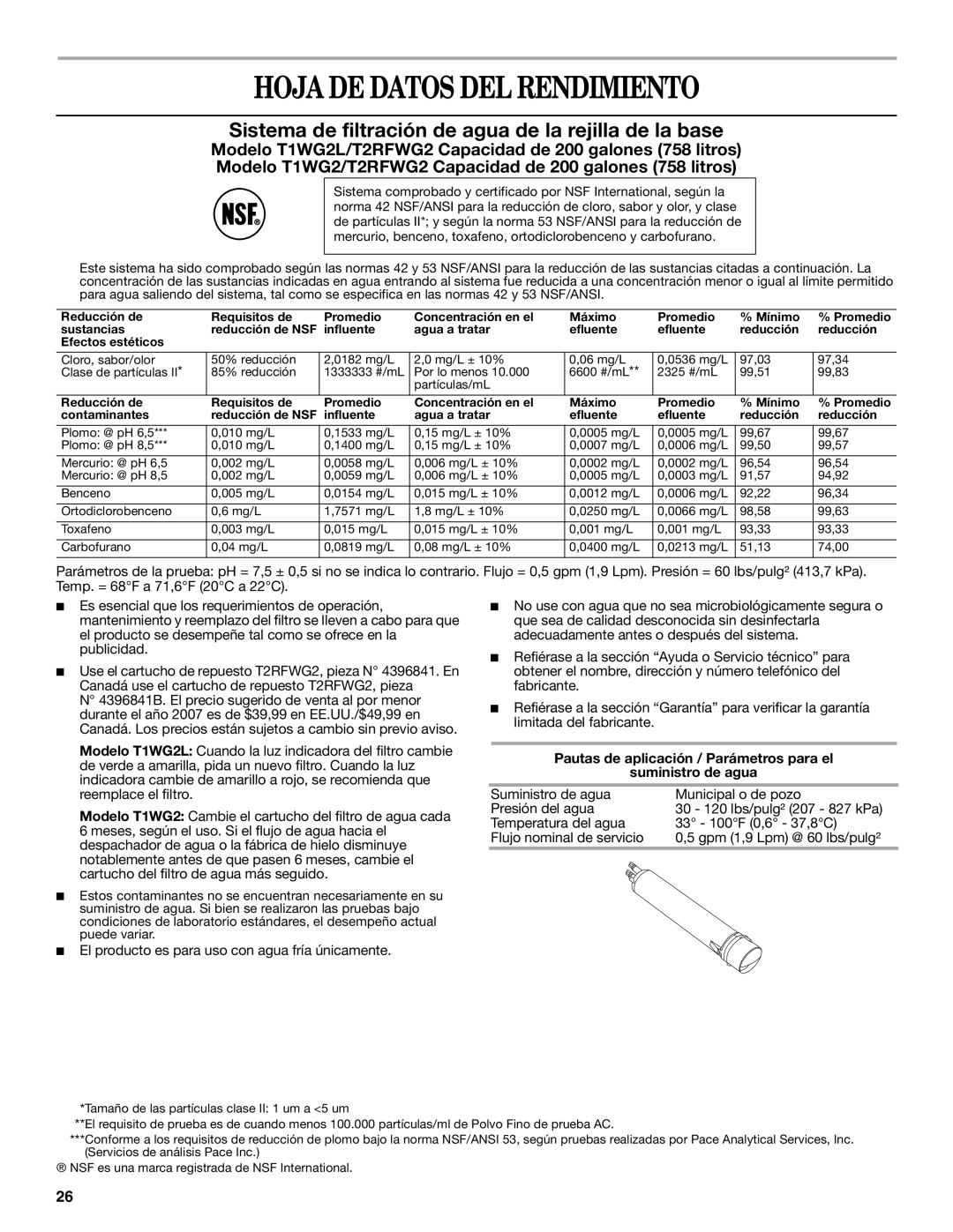 Whirlpool ED5LVAXV warranty Hoja DE Datos DEL Rendimiento, Pautas de aplicación / Parámetros para el Suministro de agua 