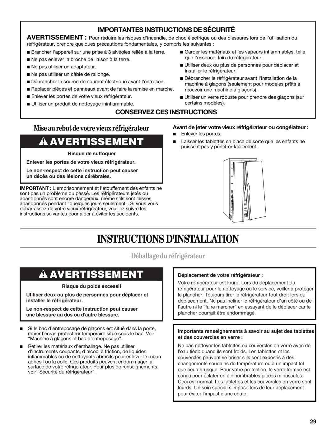 Whirlpool ED5LVAXV warranty Instructions Dinstallation, Déballageduréfrigérateur, Enlever les portes 