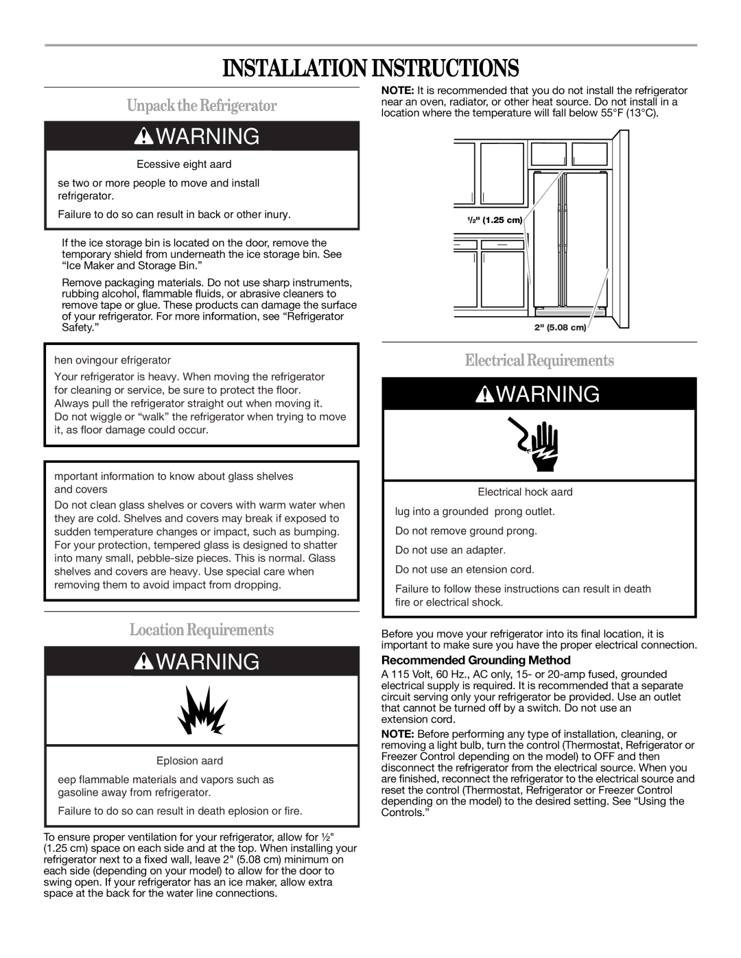 Whirlpool ED5LVAXV warranty Installation Instructions, UnpacktheRefrigerator, LocationRequirements, ElectricalRequirements 