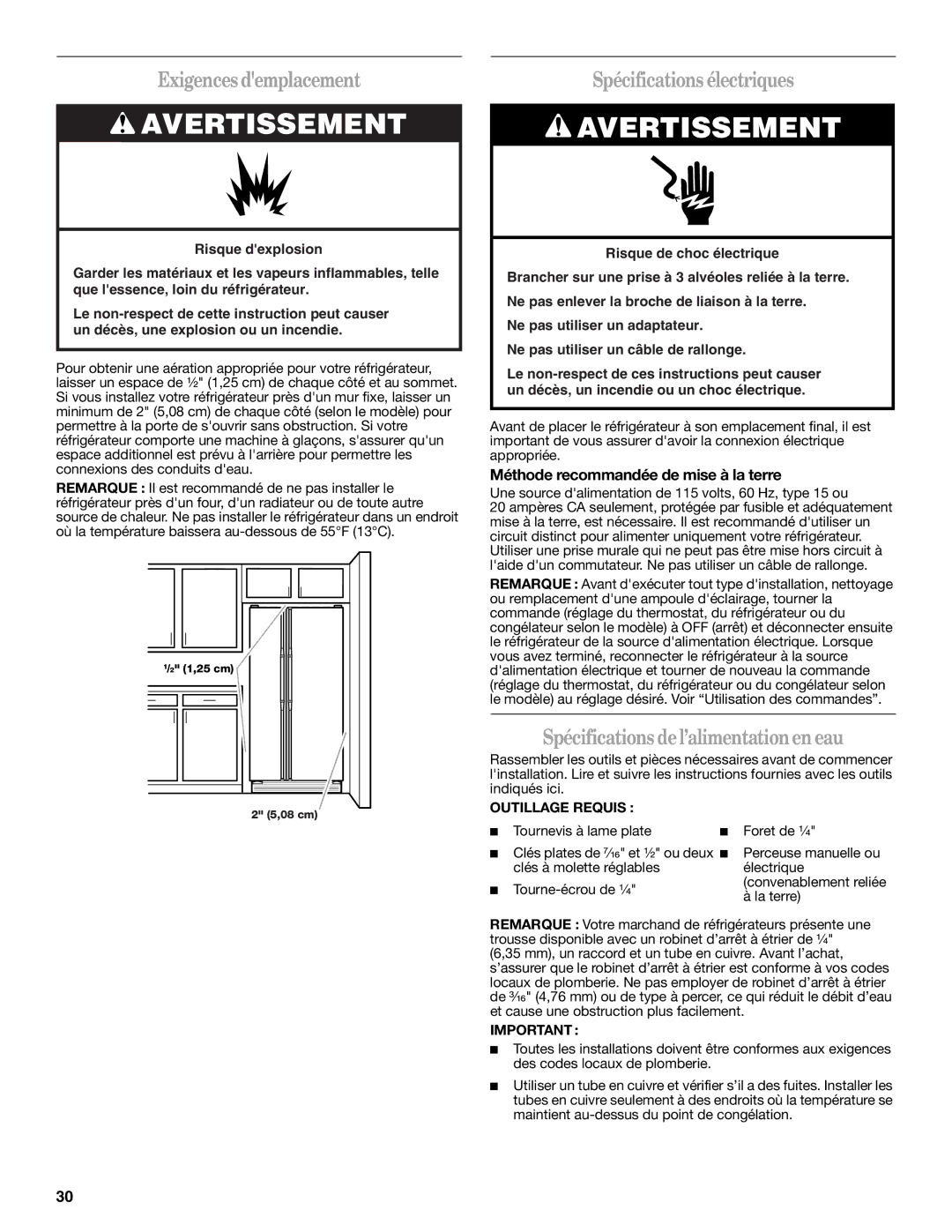 Whirlpool ED5LVAXV Exigencesdemplacement, Spécificationsélectriques, Spécificationsdel’alimentationeneau, Outillage Requis 