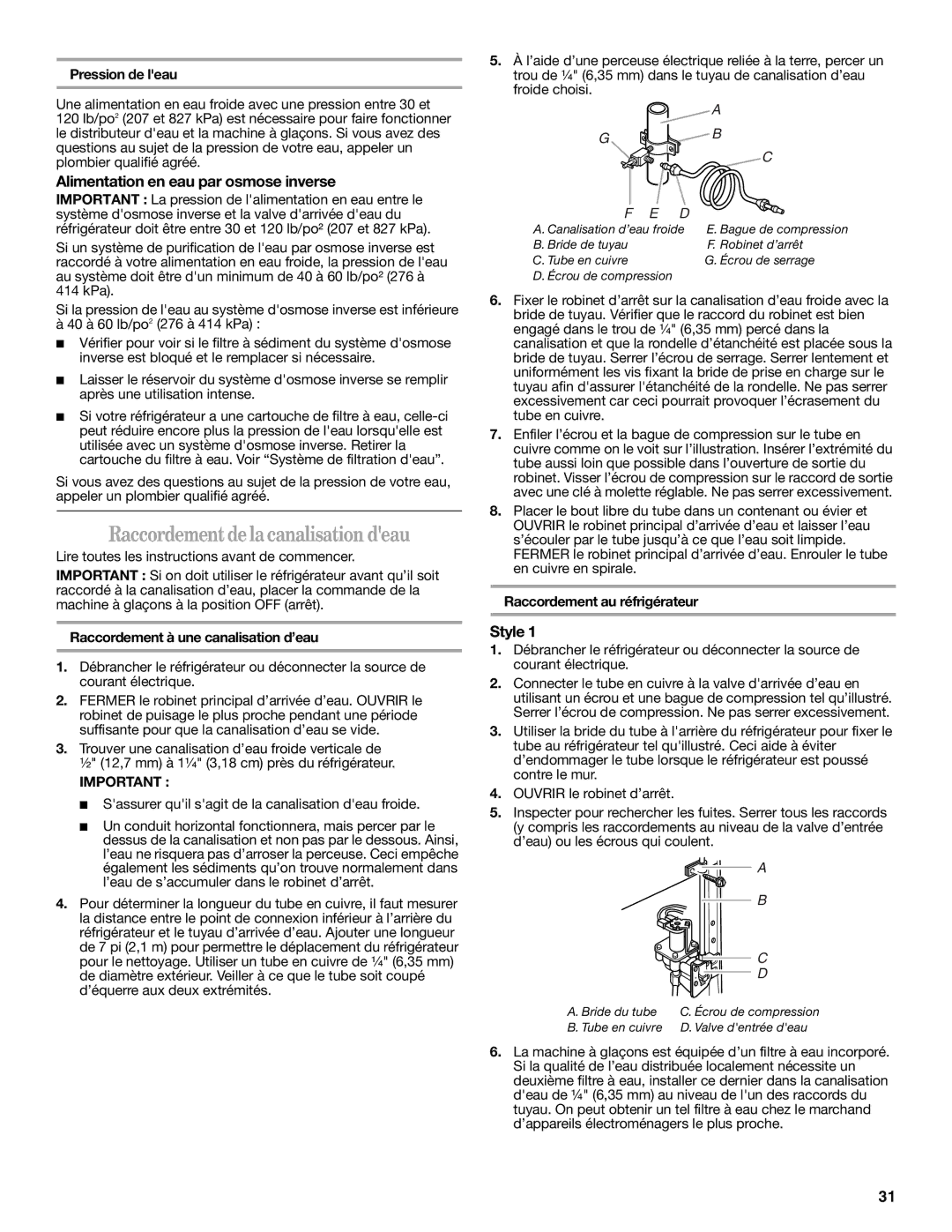 Whirlpool ED5LVAXV warranty Raccordementdelacanalisationdeau, Alimentation en eau par osmose inverse, Pression de leau 