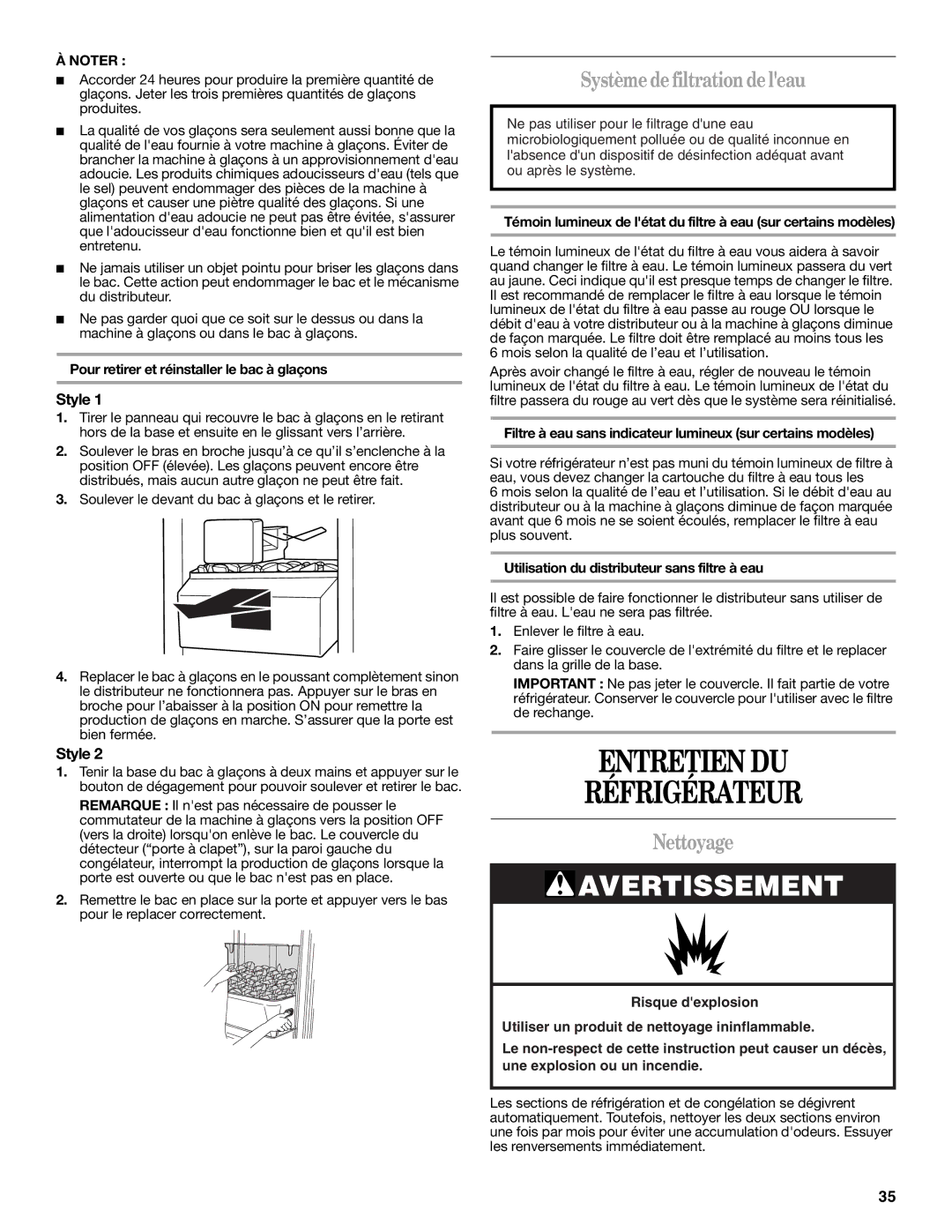 Whirlpool ED5LVAXV warranty Entretien DU Réfrigérateur, Systèmedefiltrationdeleau, Nettoyage 