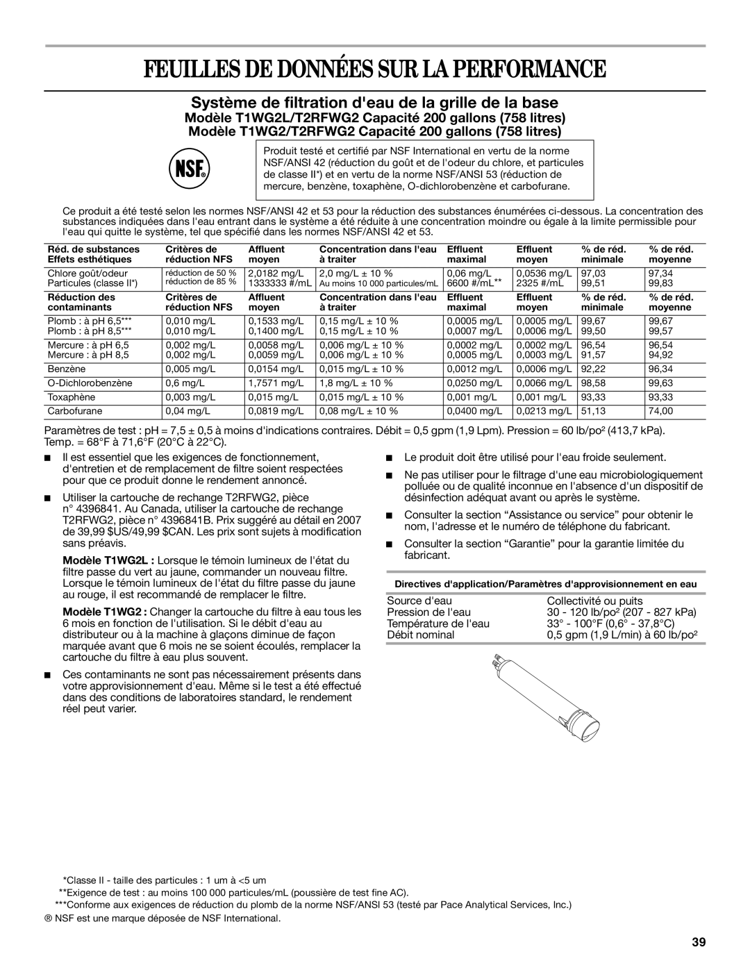 Whirlpool ED5LVAXV warranty Feuilles DE Données SUR LA Performance, Système de filtration deau de la grille de la base 