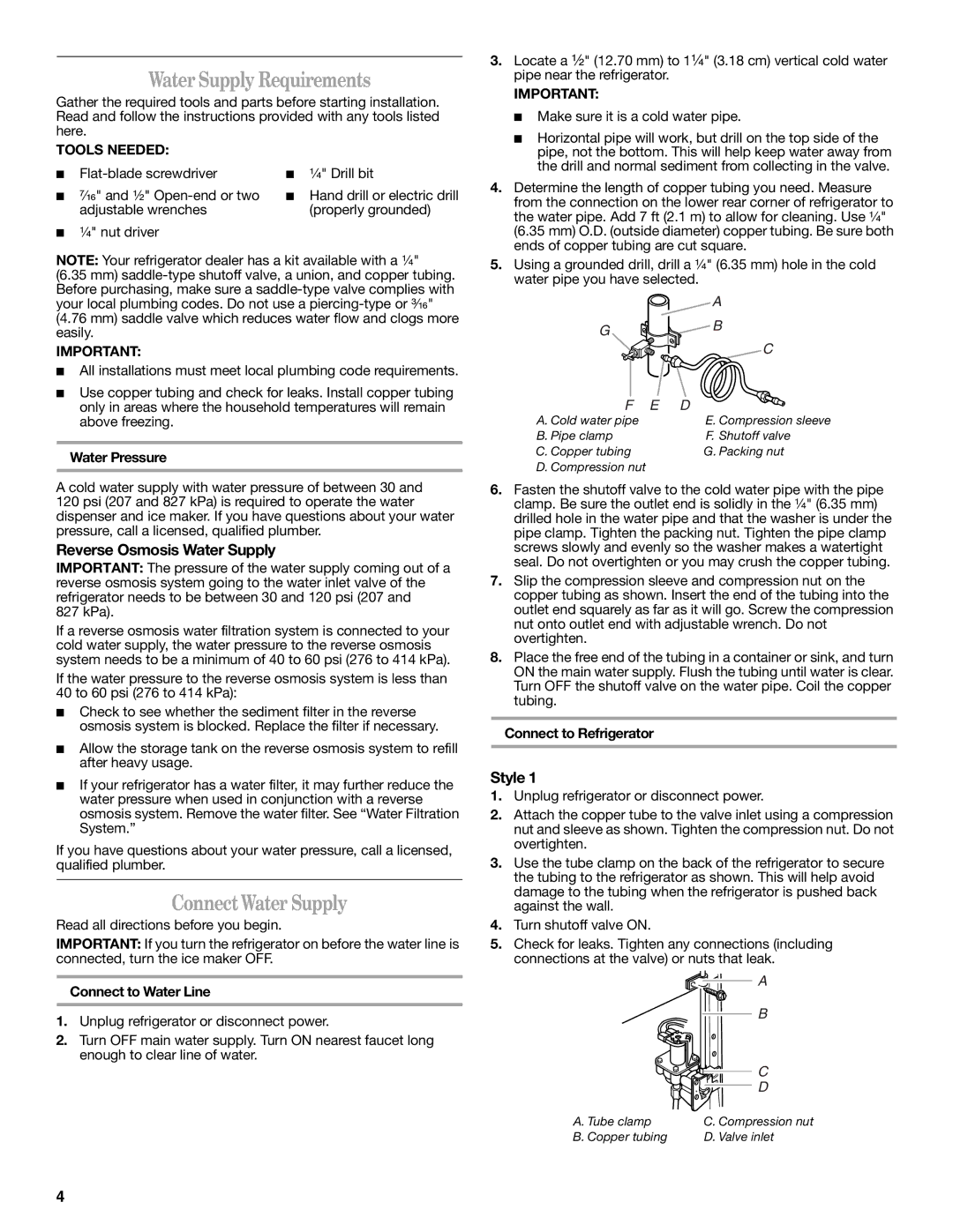 Whirlpool ED5LVAXV Water Supply Requirements, ConnectWaterSupply, Reverse Osmosis Water Supply, Style, Tools Needed 