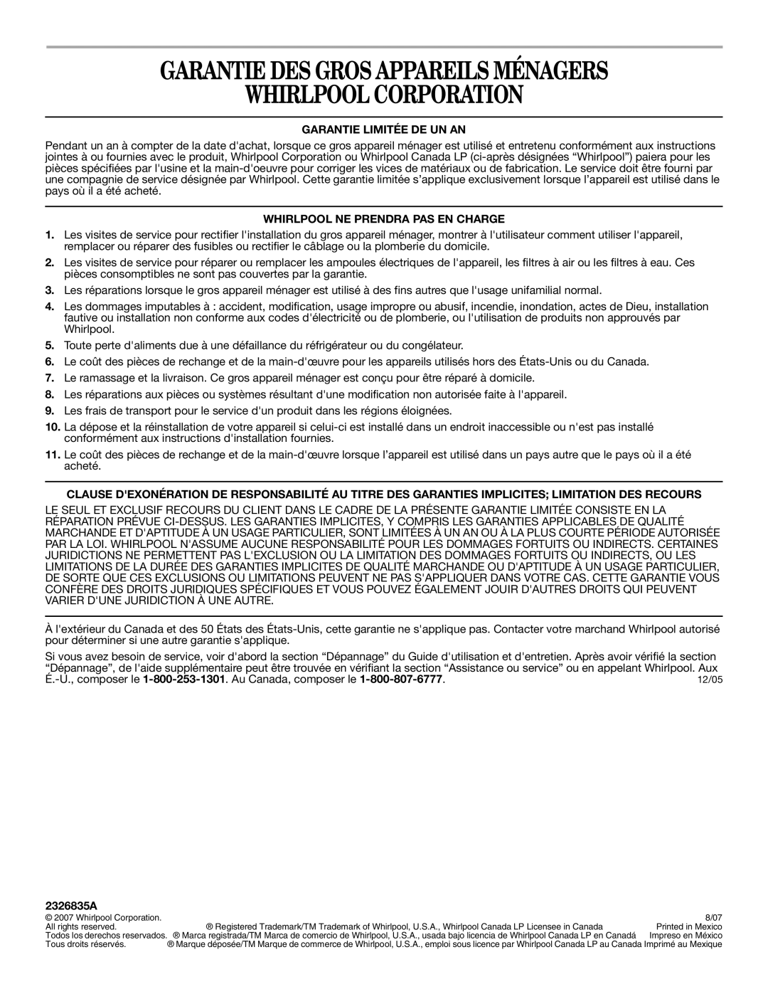 Whirlpool ED5LVAXV warranty Garantie DES Gros Appareils Ménagers Whirlpool Corporation, Garantie Limitée DE UN AN, 2326835A 