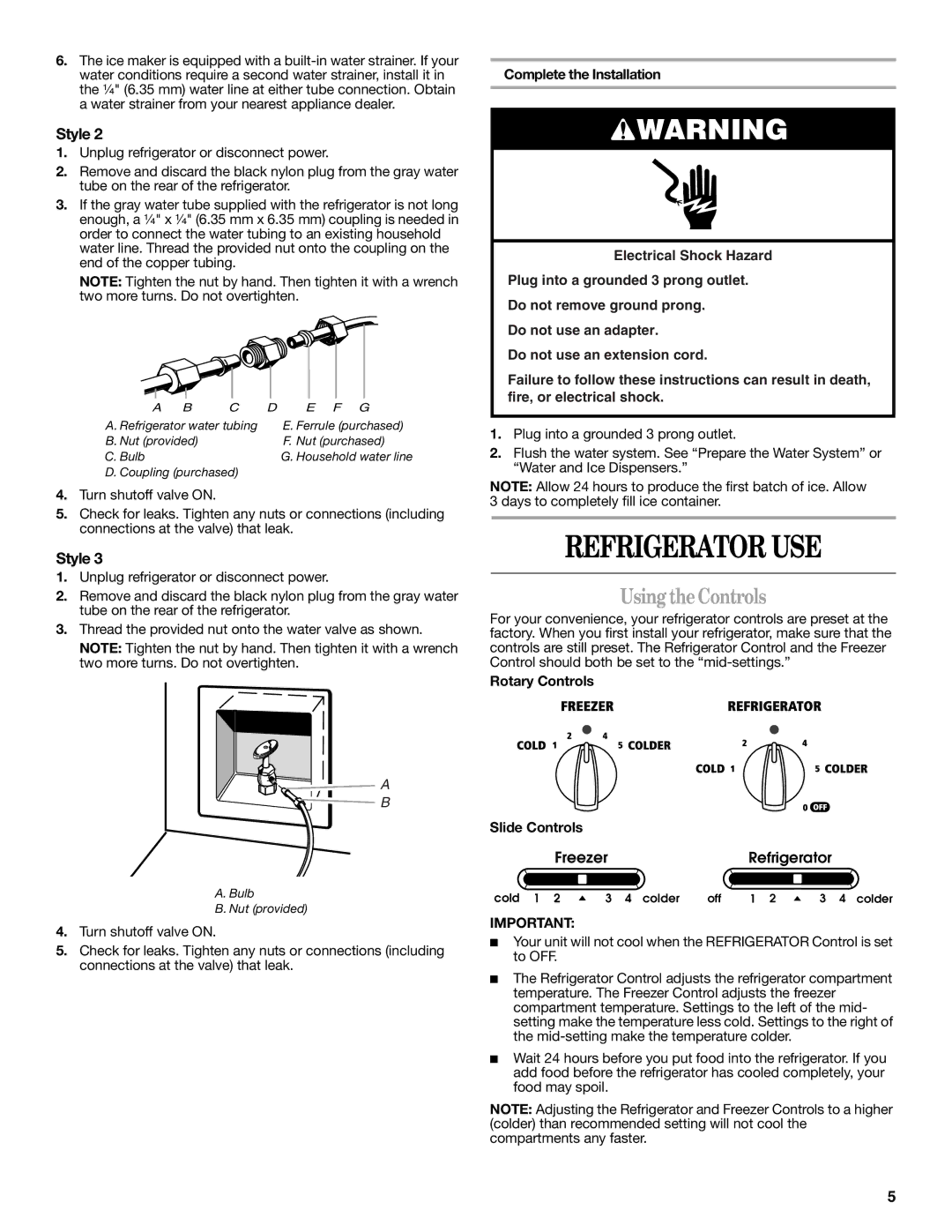 Whirlpool ED5LVAXV warranty Refrigerator USE, UsingtheControls, Rotary Controls Slide Controls 