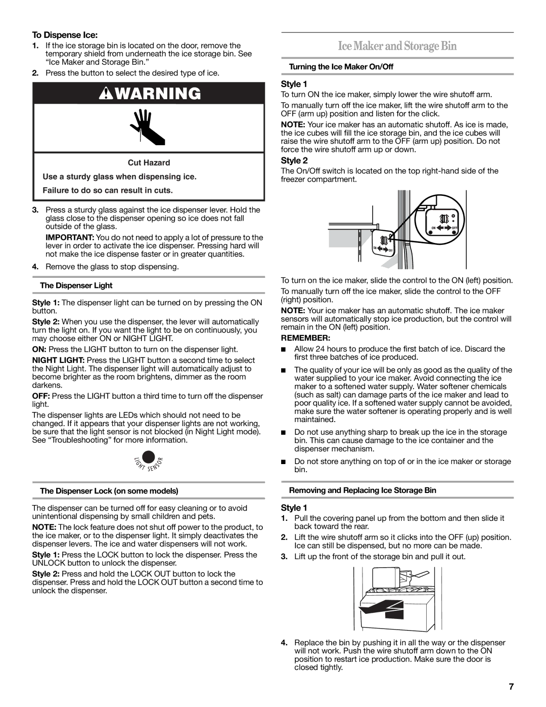 Whirlpool ED5LVAXV warranty IceMakerandStorageBin, To Dispense Ice, Remember 