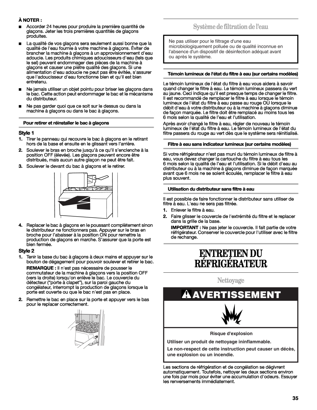 Whirlpool ED5LVAXV warranty Entretien Du Réfrigérateur, Systèmedefiltrationdeleau, Nettoyage, À Noter, Avertissement, Style 