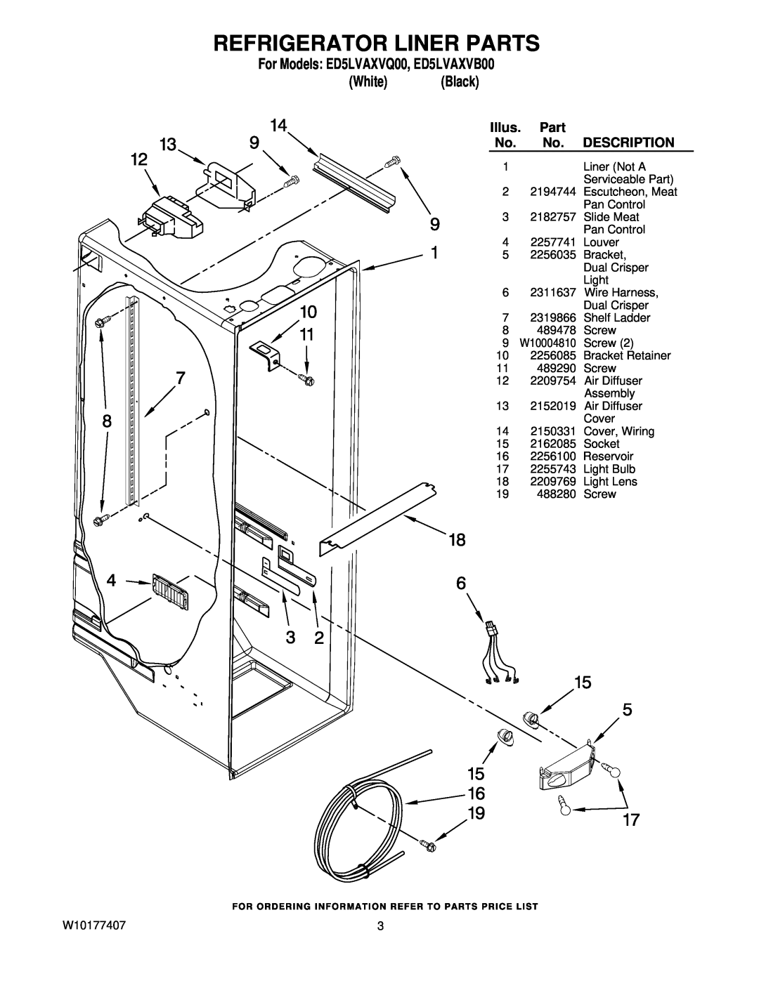 Whirlpool manual Refrigerator Liner Parts, Illus, Description, For Models ED5LVAXVQ00, ED5LVAXVB00 White Black 