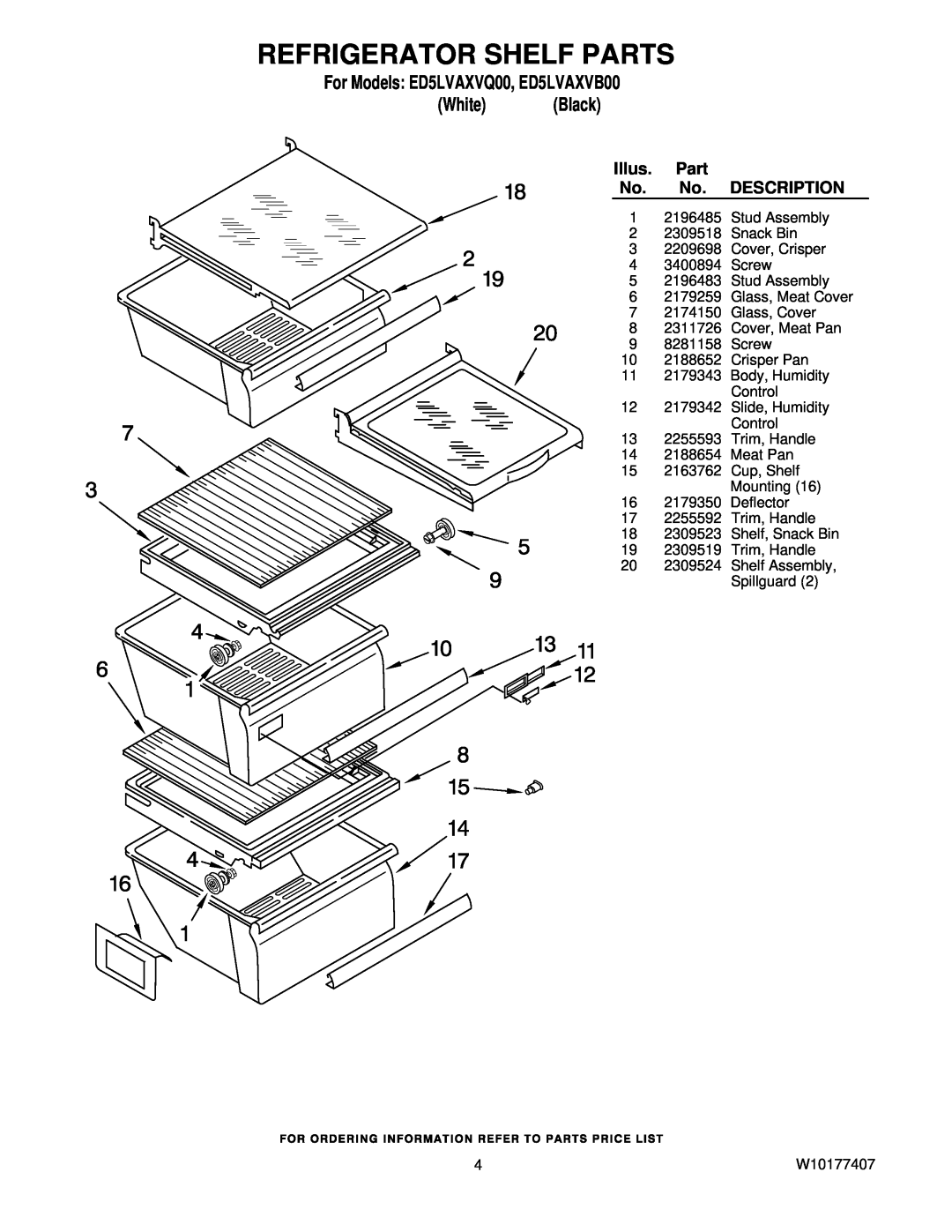 Whirlpool manual Refrigerator Shelf Parts, For Models ED5LVAXVQ00, ED5LVAXVB00 White Black, Illus, Description 