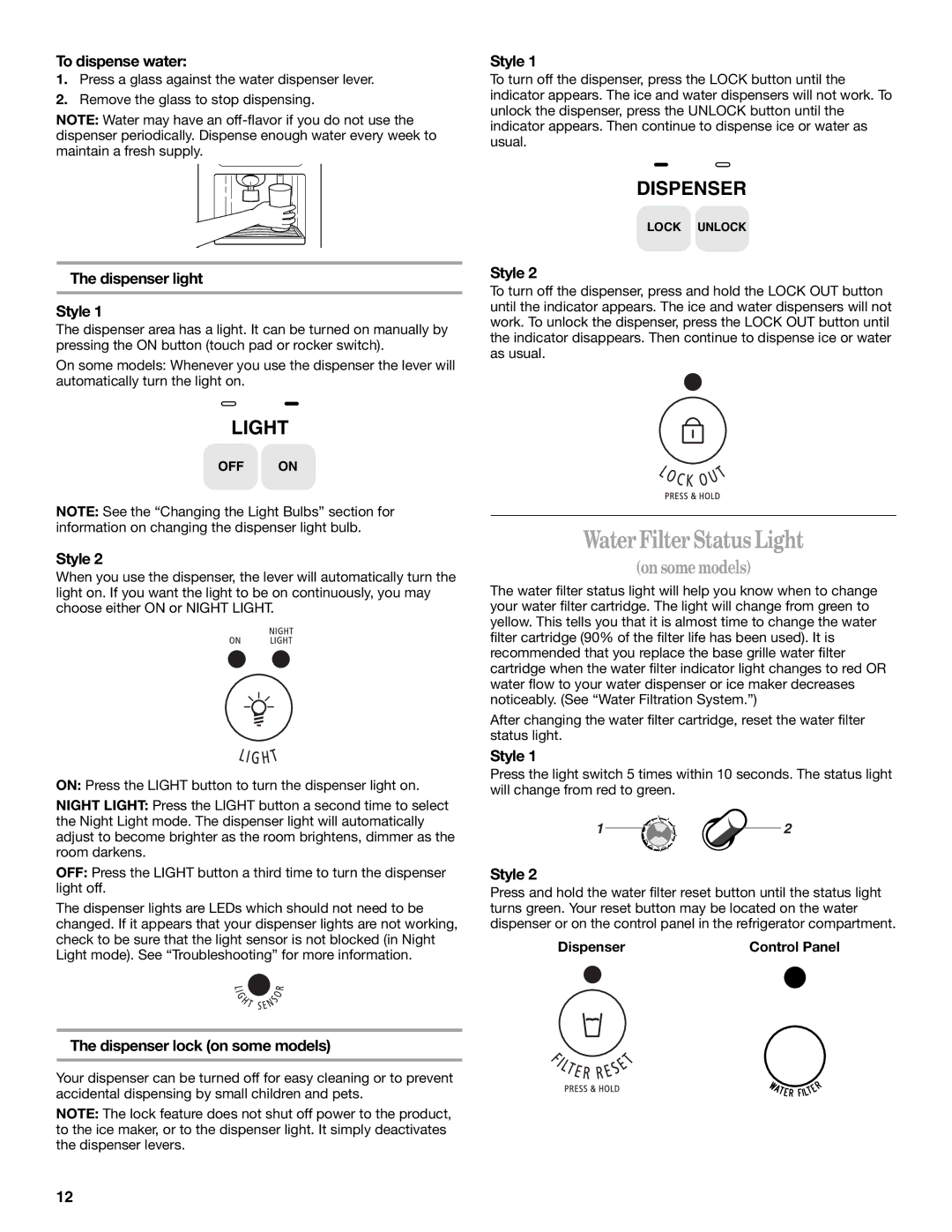 Whirlpool KTRP22EMWH02 Water Filter Status Light, To dispense water, Dispenser light Style, Dispenser lock on some models 