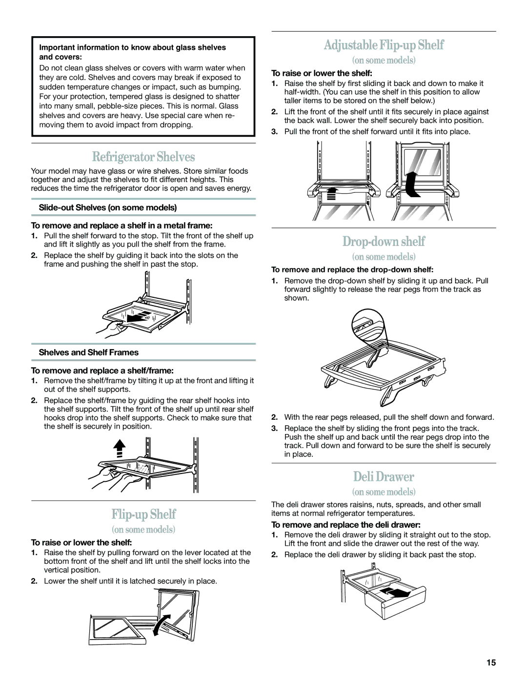 Whirlpool KTRP22EMBT01, ED5NTGXMQ00 manual Adjustable Flip-up Shelf, Refrigerator Shelves, Drop-down shelf, Deli Drawer 