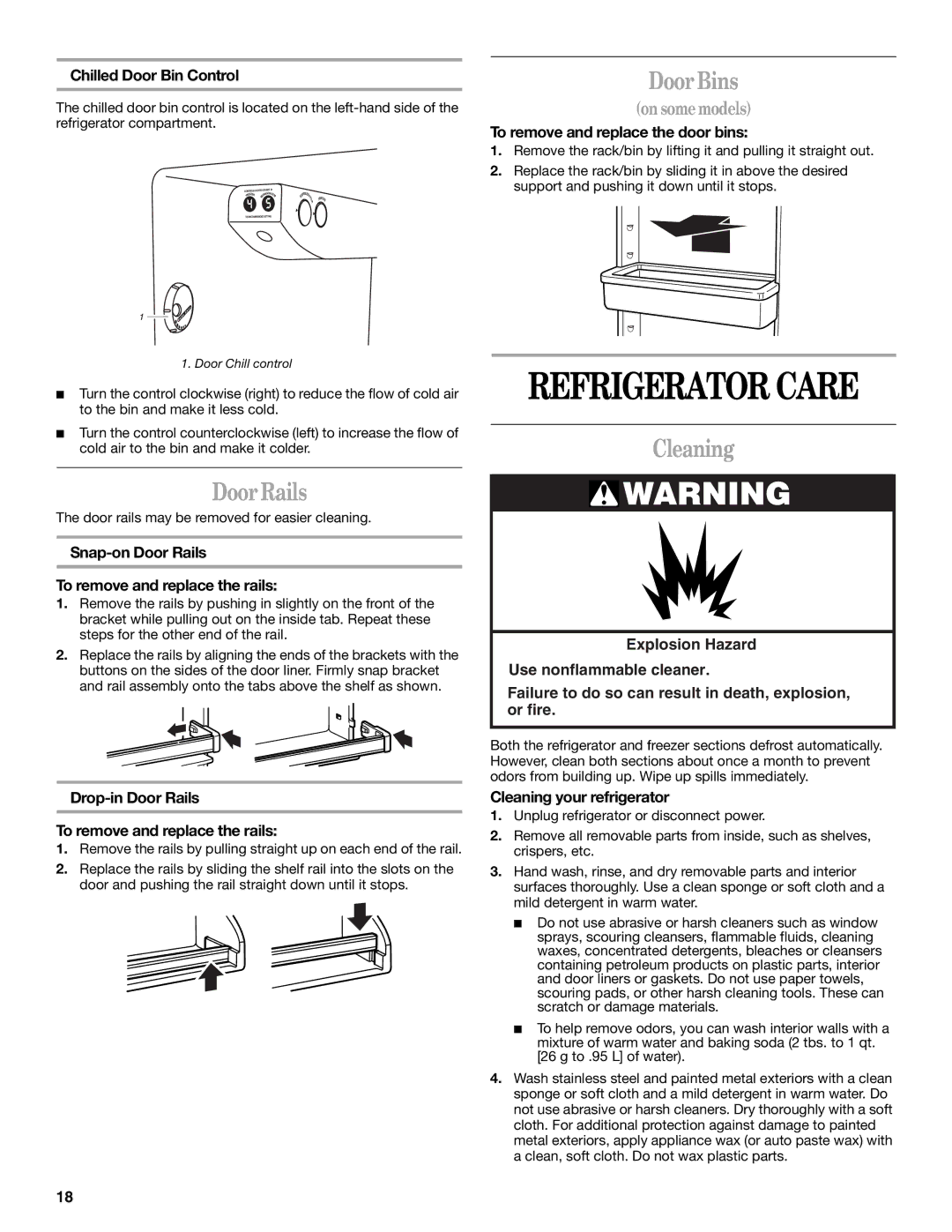 Whirlpool KTRP22EMWH00, ED5NTGXMQ00, KTLA22EMSS03, KTLA22EMSS01 manual Refrigerator Care, Door Rails, Door Bins, Cleaning 