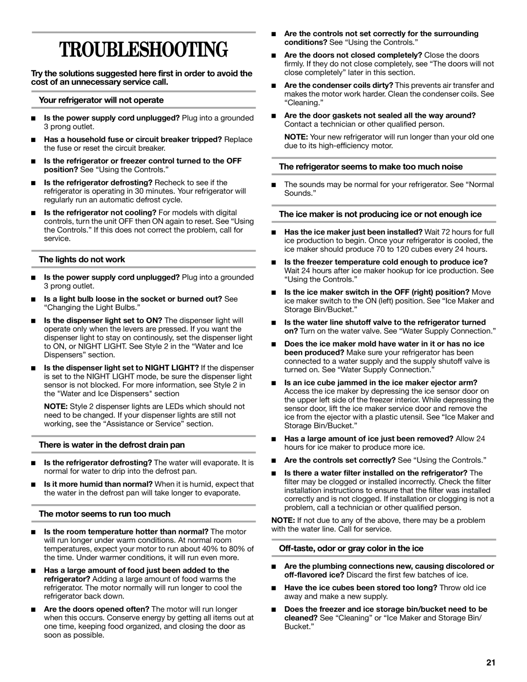 Whirlpool KTRP22EMSS02, ED5NTGXMQ00, KTLA22EMSS03, KTLA22EMSS01, KTRA22EMWH02, KTRA22EMSS04, KTRA22EMSS03 manual Troubleshooting 