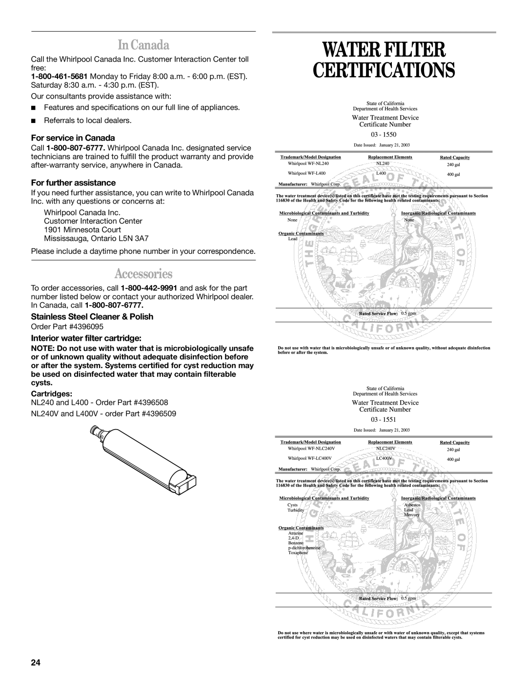 Whirlpool KTRP22EMBT03, ED5NTGXMQ00, KTLA22EMSS03, KTLA22EMSS01 manual Water Filter Certifications, Canada, Accessories 