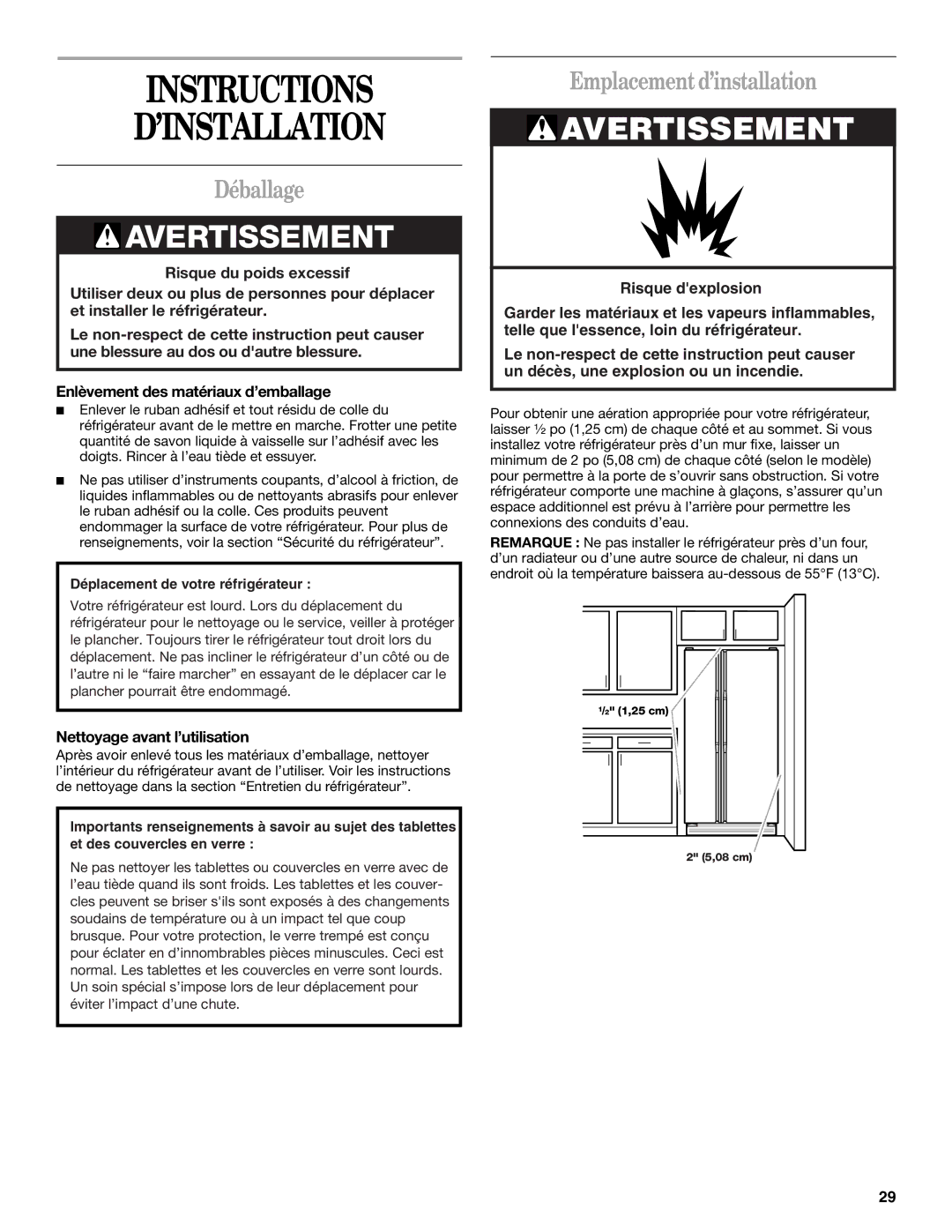 Whirlpool KTRS22EMWH01 Instructions ’INSTALLATION, Déballage, Emplacement d’installation, Nettoyage avant l’utilisation 