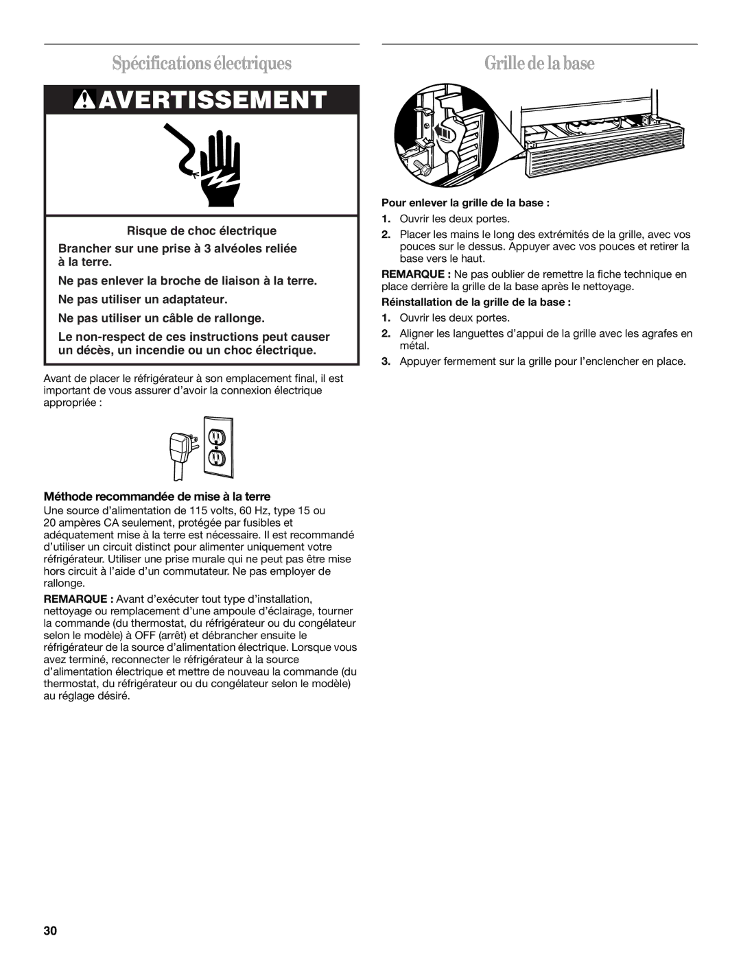 Whirlpool KTRS22EMBT00, ED5NTGXMQ00 Spécifications électriques, Grille de la base, Méthode recommandée de mise à la terre 