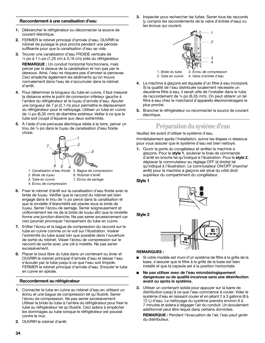 Whirlpool KTRS22EMBT01 Préparation du système d’eau, Raccordement à une canalisation d’eau, Raccordement au réfrigérateur 