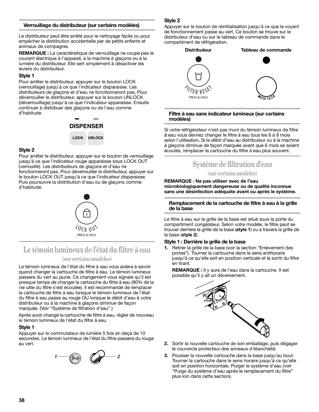 Whirlpool KTRA19EMBL01, ED5NTGXMQ00 manual Système de filtration d’eau, Verrouillage du distributeur sur certains modèles 