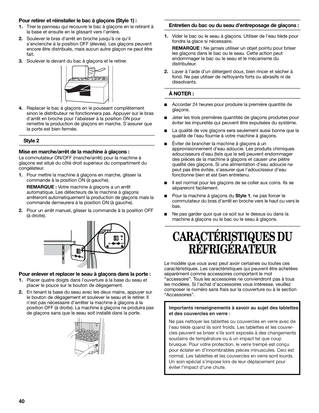 Whirlpool KTRA19EMSS00, ED5NTGXMQ00, KTLA22EMSS03, KTLA22EMSS01 manual Pour retirer et réinstaller le bac à glaçons Style 