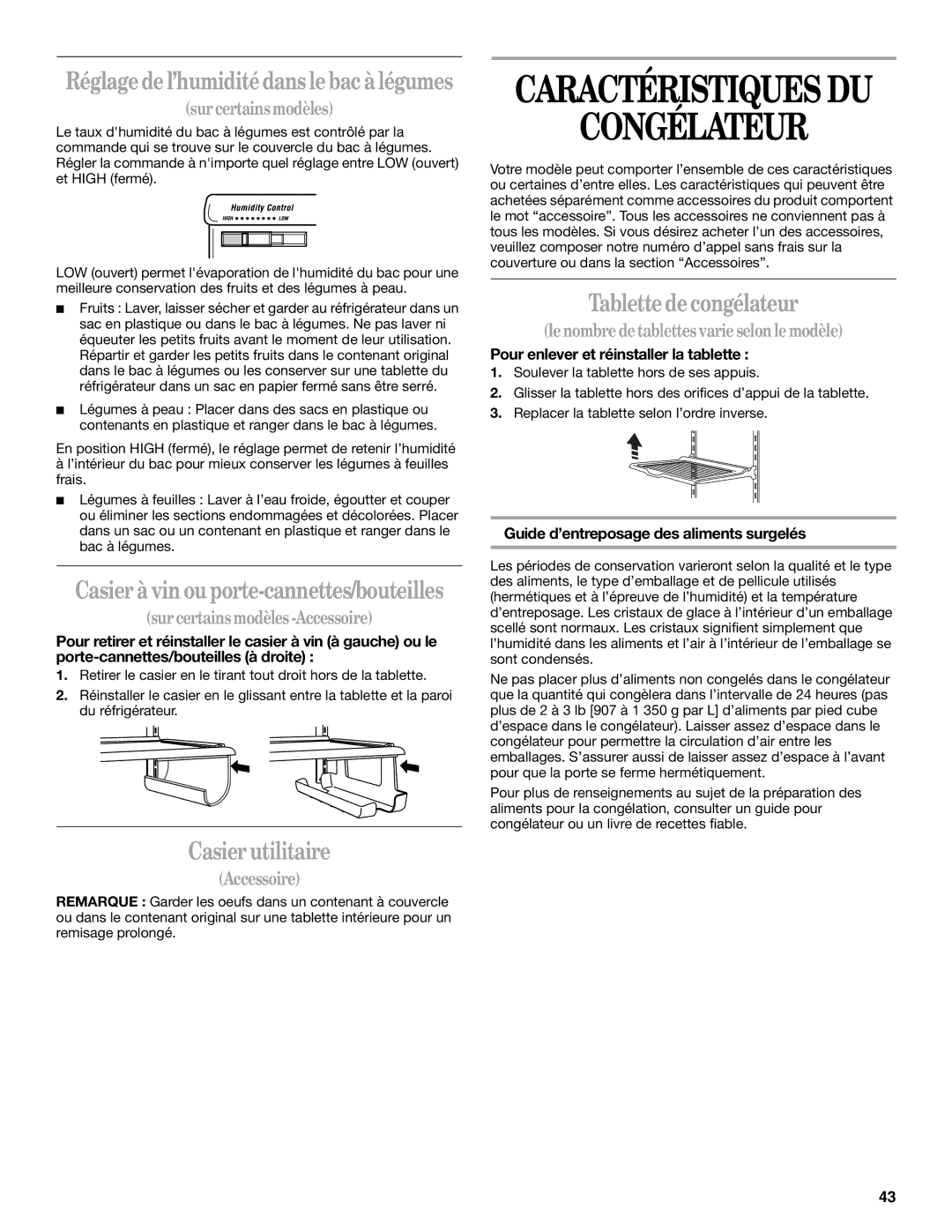 Whirlpool KTRA22EMSS02 Congélateur, Casier utilitaire, Tablette de congélateur, Pour enlever et réinstaller la tablette 